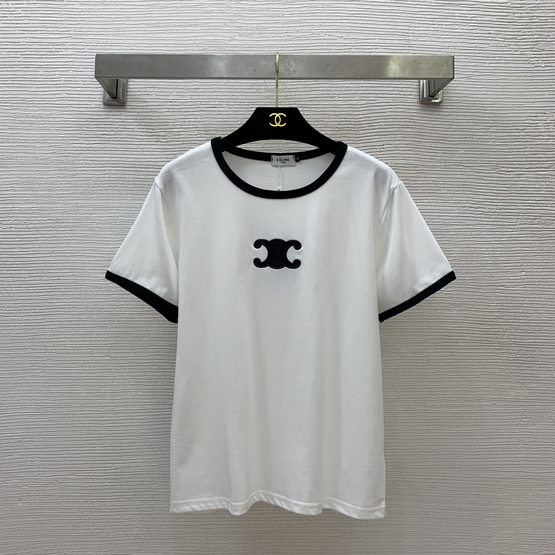 NO:328887,Model number D25031467 CELIN*E new style classic Arc de Triomphe embroidery logo decorative contrast color edging spliced ​​simple and fashionable short-sleeved T-shirt top!  Black, white, (M size shoulder width 43, bust 98, sleeve length 19, clothing length 62), celine, T-shirt,tees, t-shirt,alexander wang19860909款号D25031467 CELIN*E思琳新款 经典凯旋门刺绣徽标装饰撞色包边拼接简约时尚短袖t恤上衣！黑色、白色、（M码肩宽43,胸围98,袖长19,衣长62）,,celine,T-shirt,tees，t-shirt,alexander wang,Women's clothing