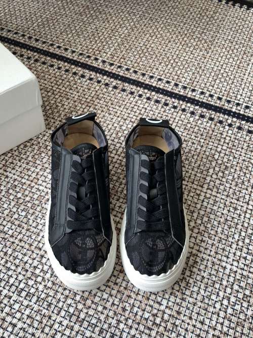 Chloé Lace-Up Sneakers - Black Leather Trim, Calfskin Lining, and Rubber Sole 1 Chloé Lace-Up Sneakers - Black Leather Trim, Calfskin Lining, and Rubber Sole