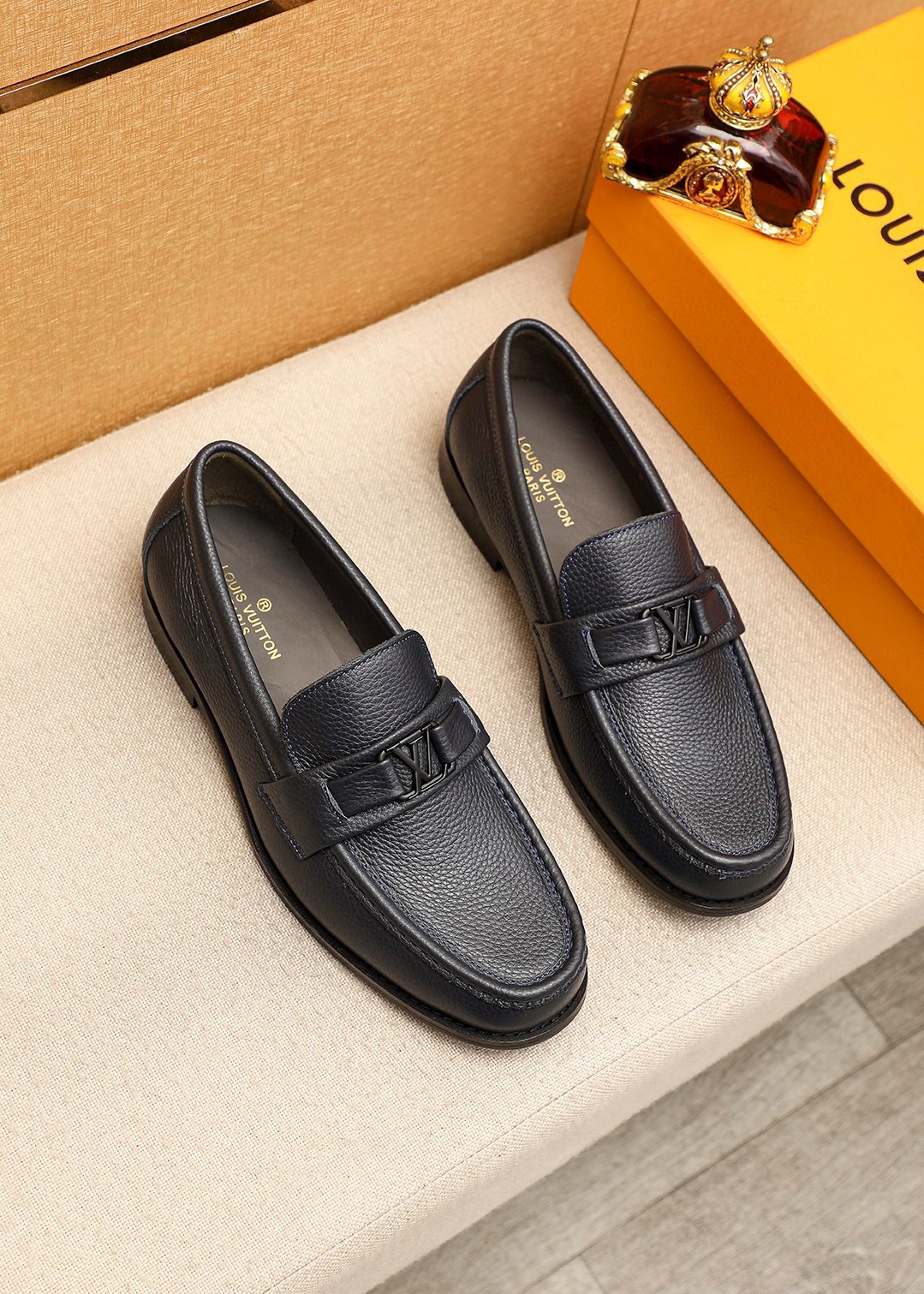 Louis Vuitton Leather Loafers with Signature Buckle, Available in Multiple Sizes