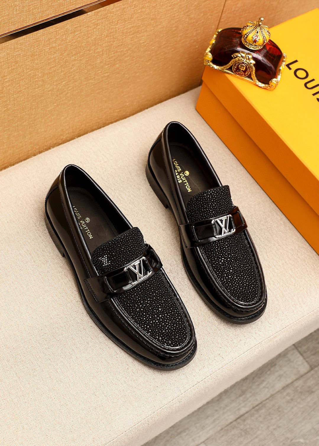Louis Vuitton Leather Loafers, Black Leather Upper, Men Shoes Size 38-44