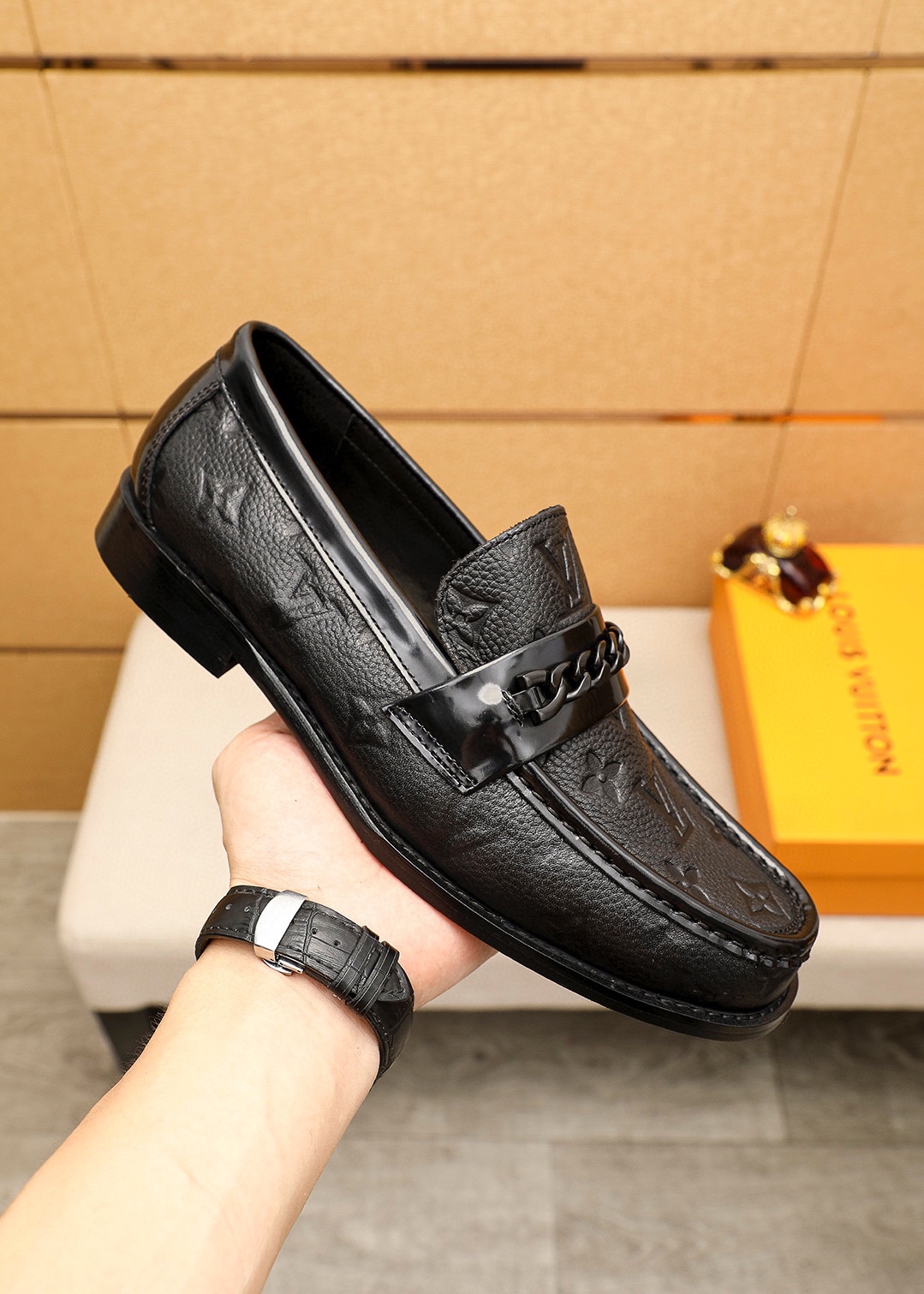 Louis Vuitton Men's Black Leather Loafers with Chain Detail Size 38-44 5 i1742095576 1175 3
