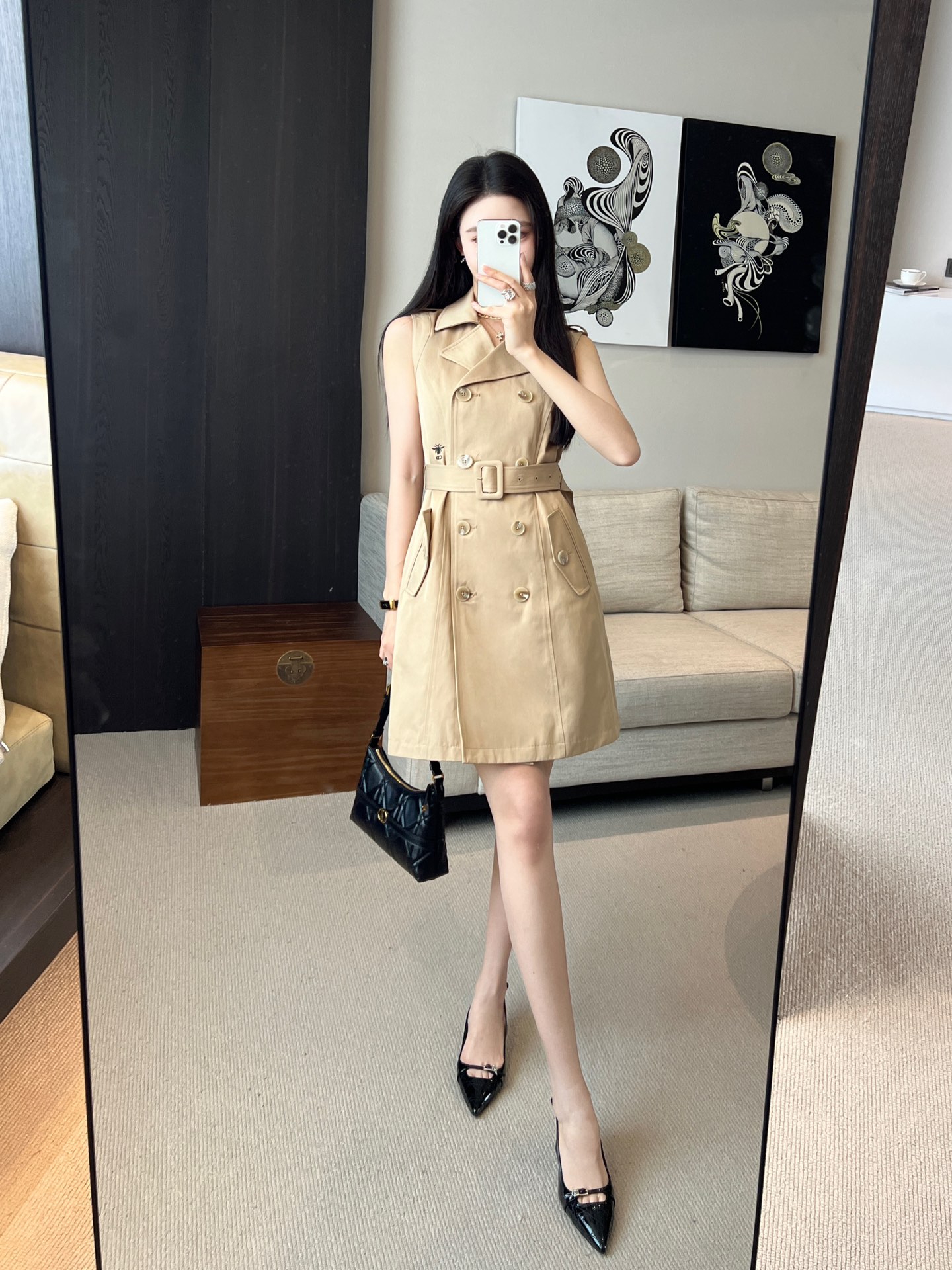 Dior Inspired Sleeveless Trench Coat Dress Embroidery Logo Waist Belt