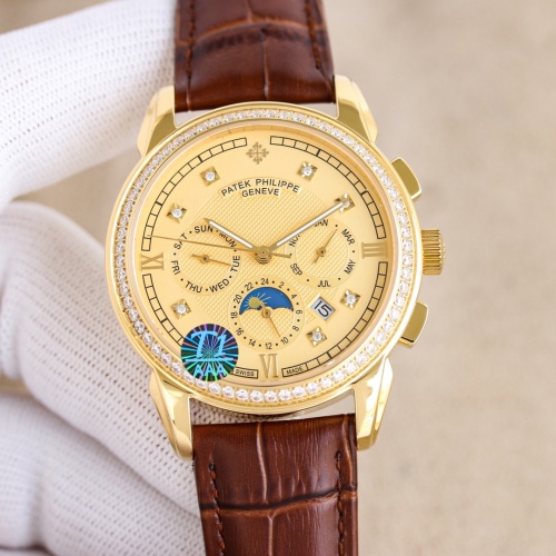 Patek Philippe Gold Watch with Diamond Bezel and Brown Leather Strap, 40mm 1 Patek Philippe Gold Watch with Diamond Bezel and Brown Leather Strap, 40mm