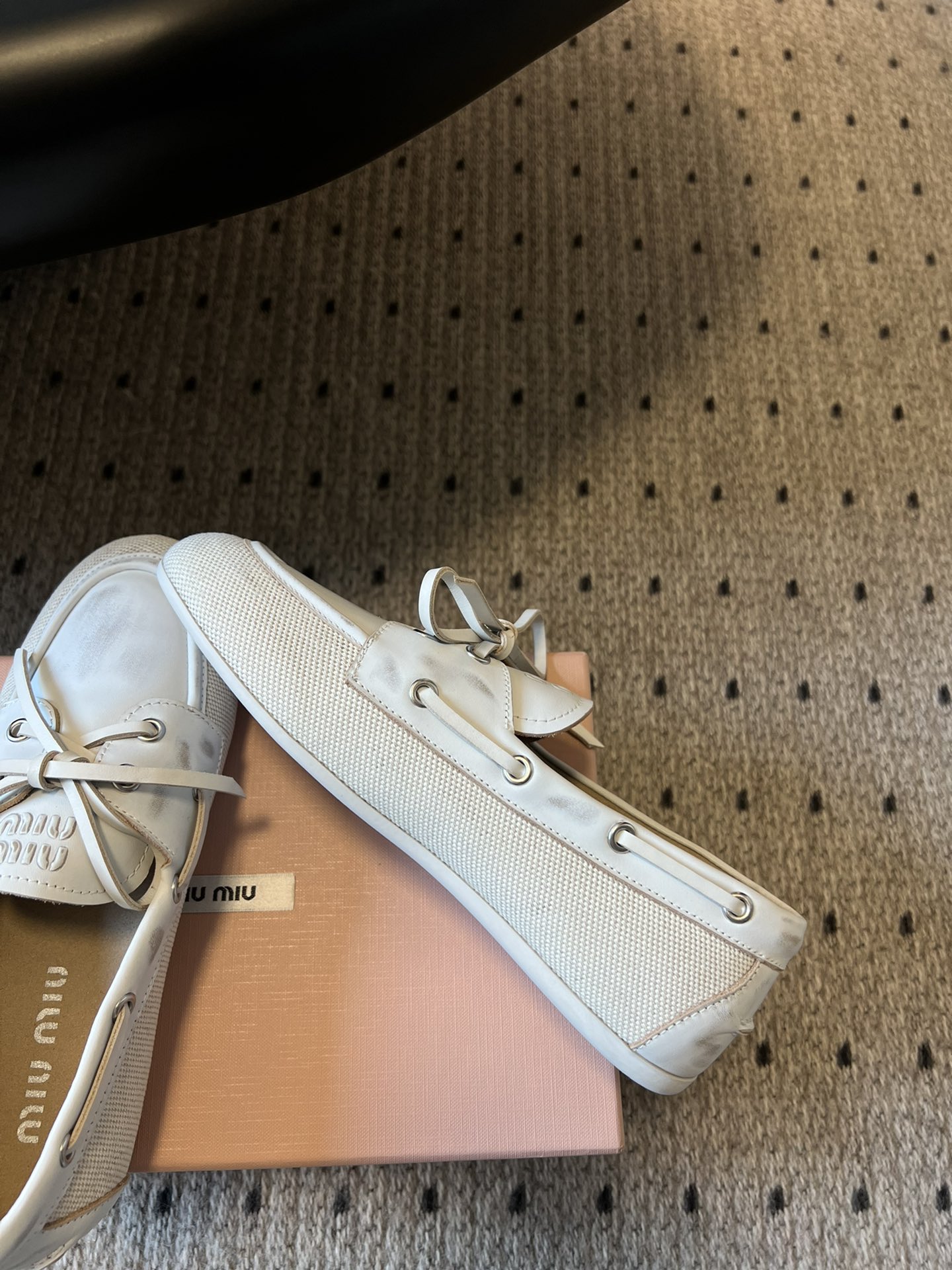 Miu Miu Women's White Leather & Canvas Bow Loafers - Comfortable & Stylish 8 i1742382724 8376 5