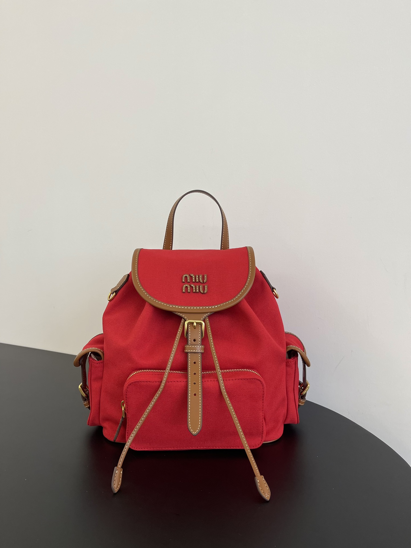 Canvas Calfskin Backpack Flap Side Pocket Handbag