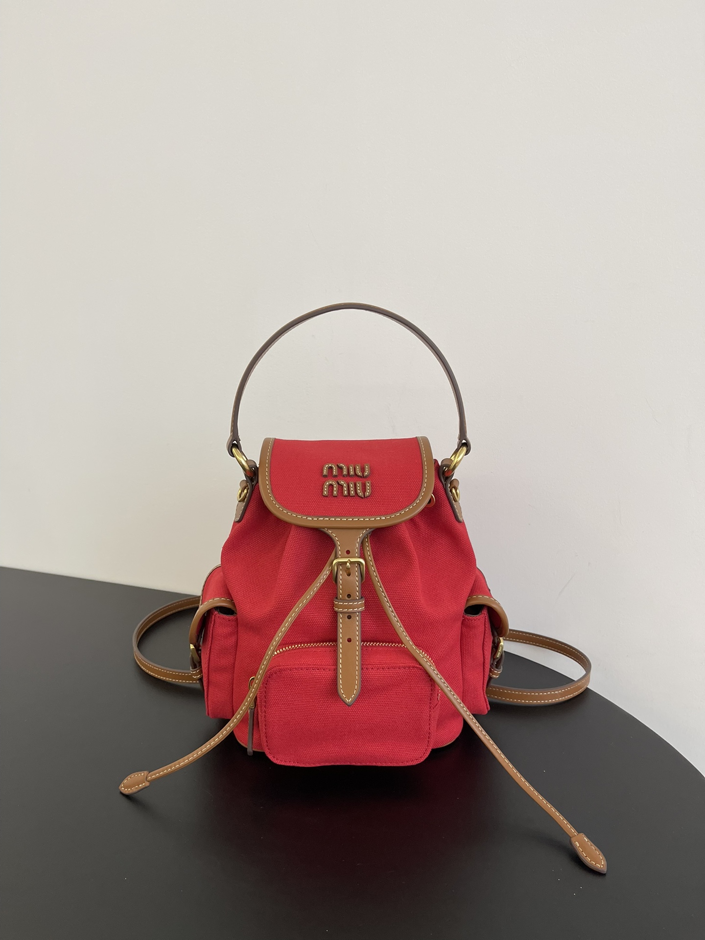 Canvas Calfskin Backpack Drawstring Flap Side Pocket