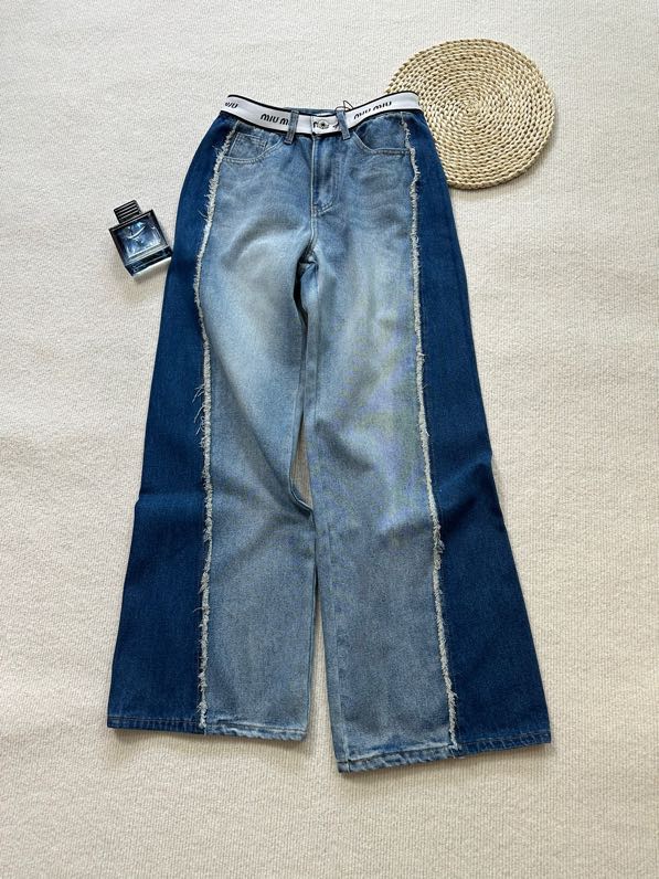 NO:319759,New summer style high-waisted letter webbing matte contrast color versatile wide-leg pants jeans size, jeans, alexander wang19860909夏季新款 高腰字母织带拼毛边撞色百搭阔腿裤牛仔裤 码数,,jeans,alexander wang,Women's clothing