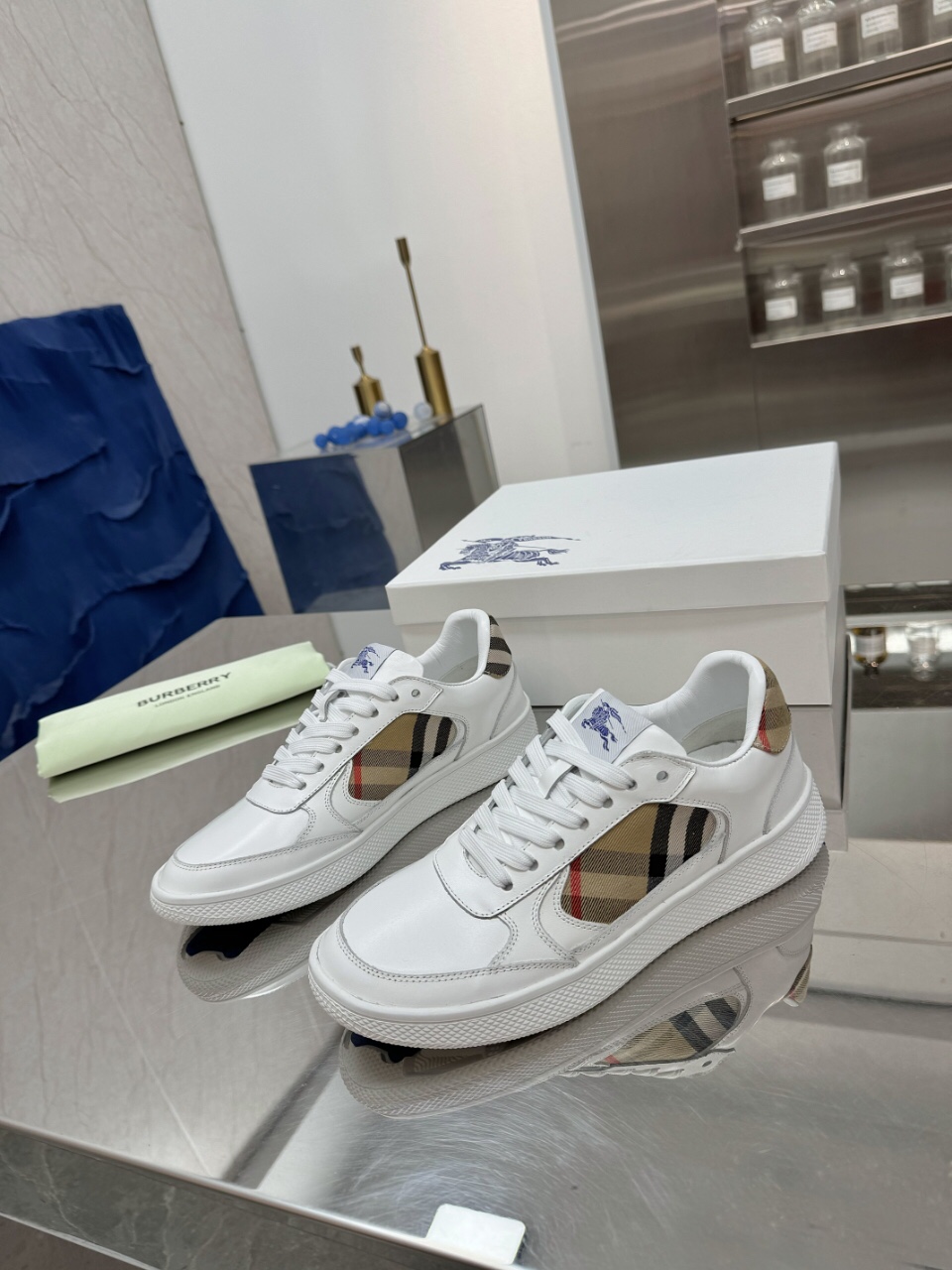 Italian-Made Couple Outfits: Smooth Calf Sneakers with Horseman Design Label.