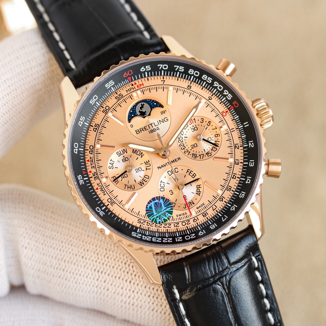 NO:148965,Unified V9 Breitling Aviation Chronograph Series is launched for the 140th anniversary limited edition, equipped with a revolutionary B19 self-made movement (replicated using imported Seiko NH36 movement to be multi-functional), stable movement and low rework rate, which is one of the rare complication-resistant watches in the market. [Sun, Moon and Star] - the normal transmission operation of date (3 o'clock,), month (6 o'clock), week (9 o'clock), and can be manually adjusted (date is adjusted clockwise by pulling out the second gear, month is adjusted by 8 o'clock hidden button, week can be driven by adjusting the pointer); 12 o'clock star disc synchronized with authentic products, one round a month. Size 43mm*14mm, breitling19860909统一 V9百年灵航空计时系列推出140周年限量版,搭载革命性B19自制机芯（复刻采用进口精工NH36机芯改多功能）,走时稳定,返修率低,这是复刻市场少有的耐操性复杂功能腕表.【日月星】——日期（3点位,）、月份（6点位）、星期（9点位）正常传动运行,且可以手动调整（日期通过拔出第二档顺时针调整、月份通过8点位隐藏按钮调整、星期可通过调整指针带动）；12点位星辰盘同步正品,一个月走一圈.尺寸43mm*14mm,,breitling,Watch