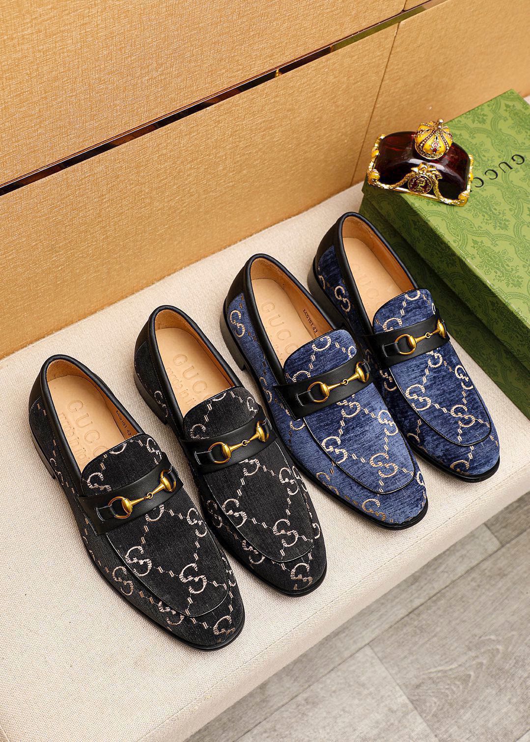 Gucci Men's Blue Leather Loafers with Gold Horsebit Detail, Size 38-44 6 i1742796023 4541 4