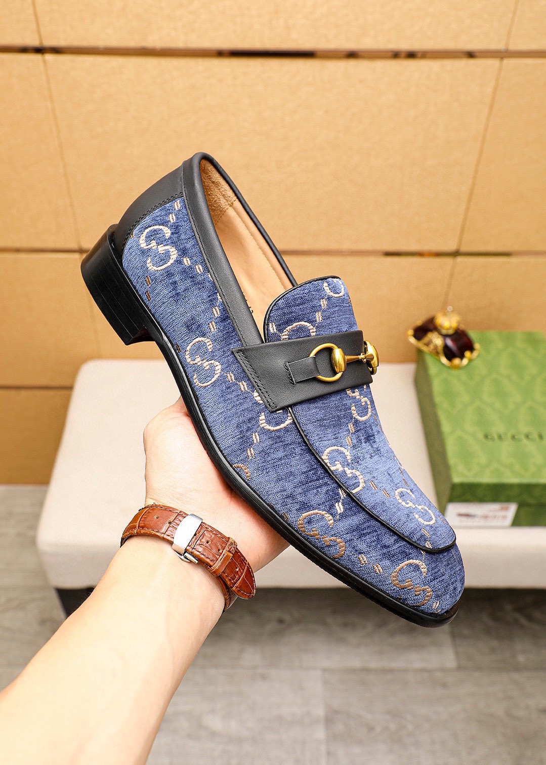 Gucci Men's Blue Leather Loafers with Gold Horsebit Detail, Size 38-44 7 i1742796023 4806 5