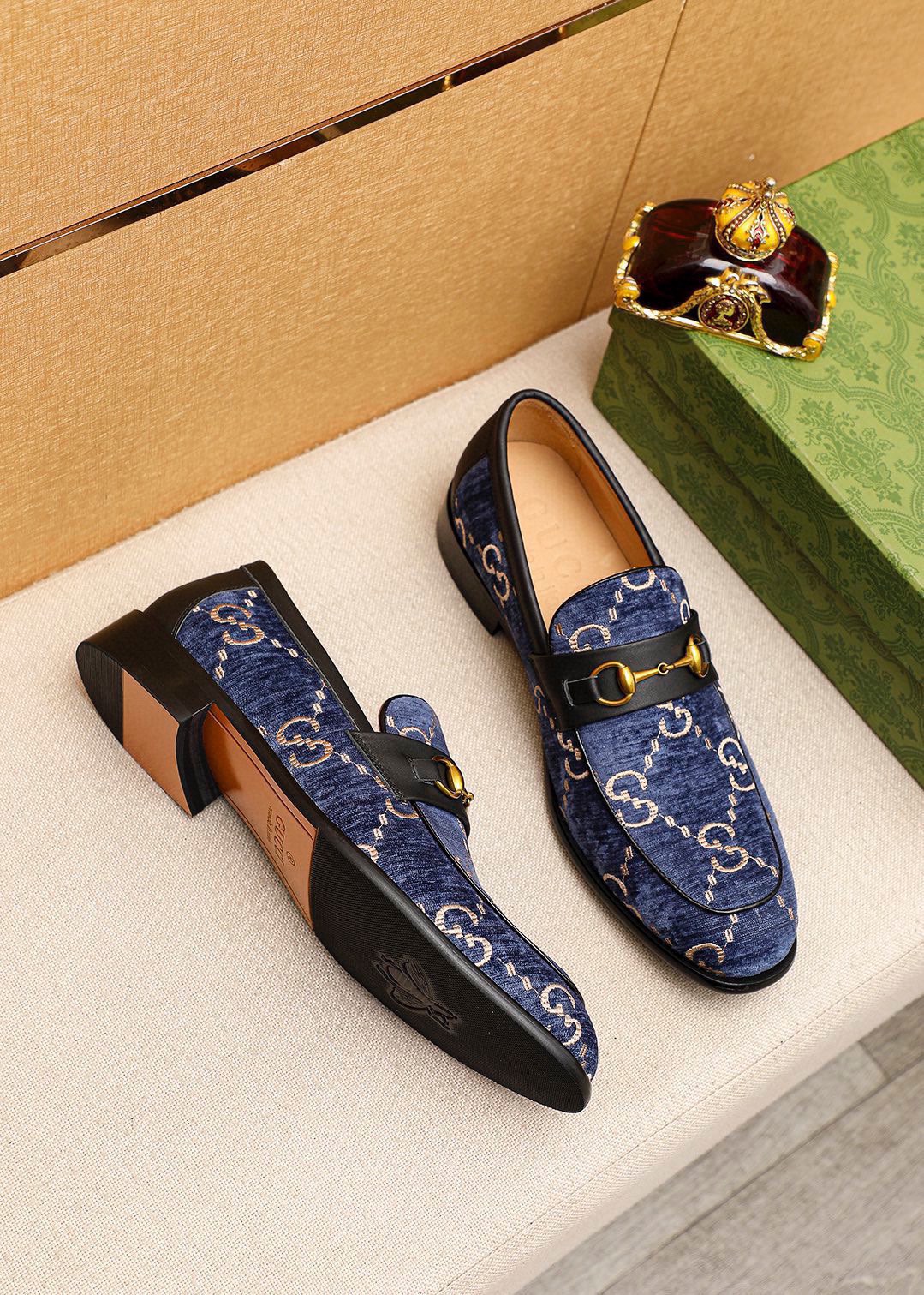 Gucci Men's Blue Leather Loafers with Gold Horsebit Detail, Size 38-44 4 i1742796023 786 2