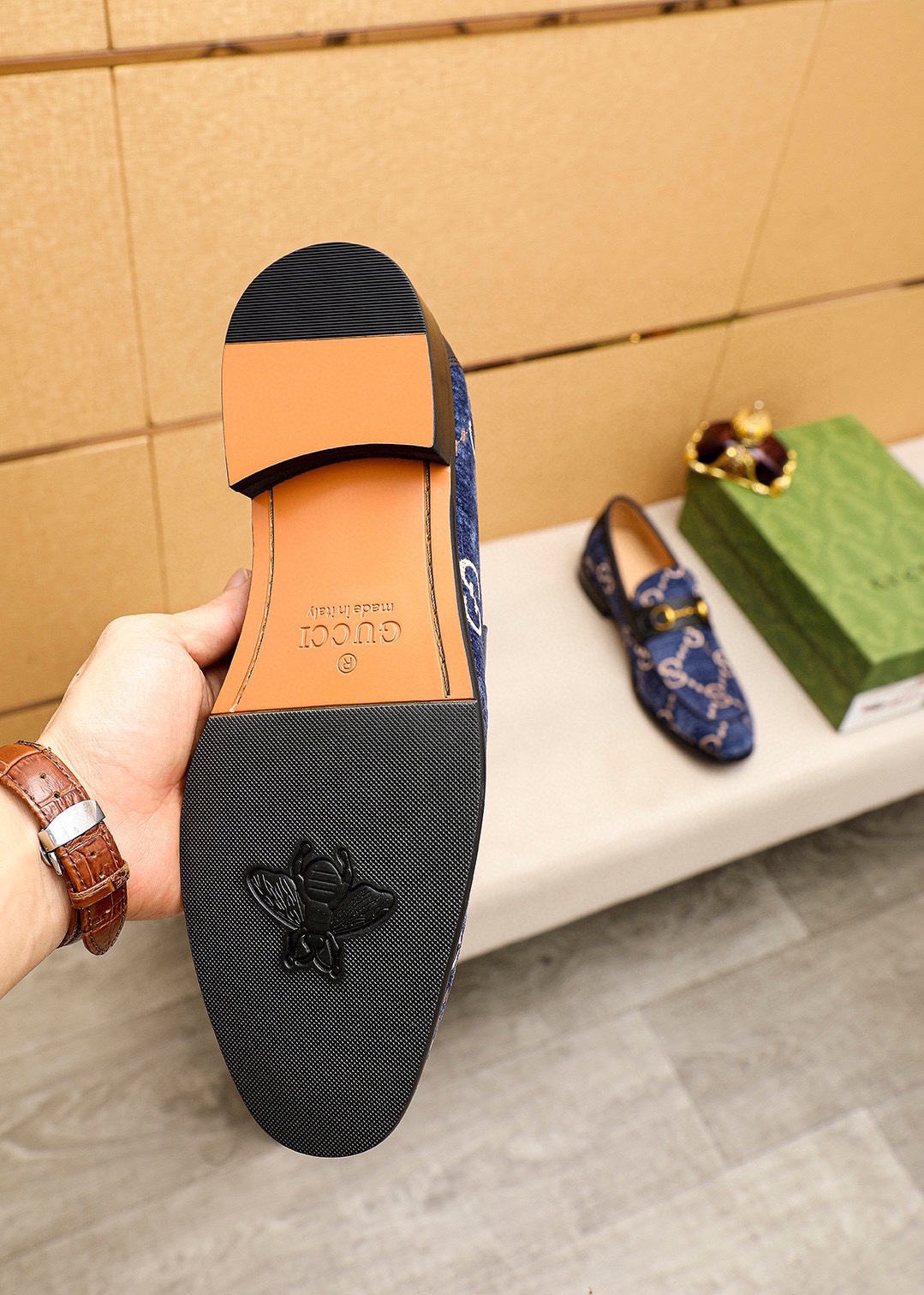 Gucci Men's Blue Leather Loafers with Gold Horsebit Detail, Size 38-44 10 i1742796023 9016 8