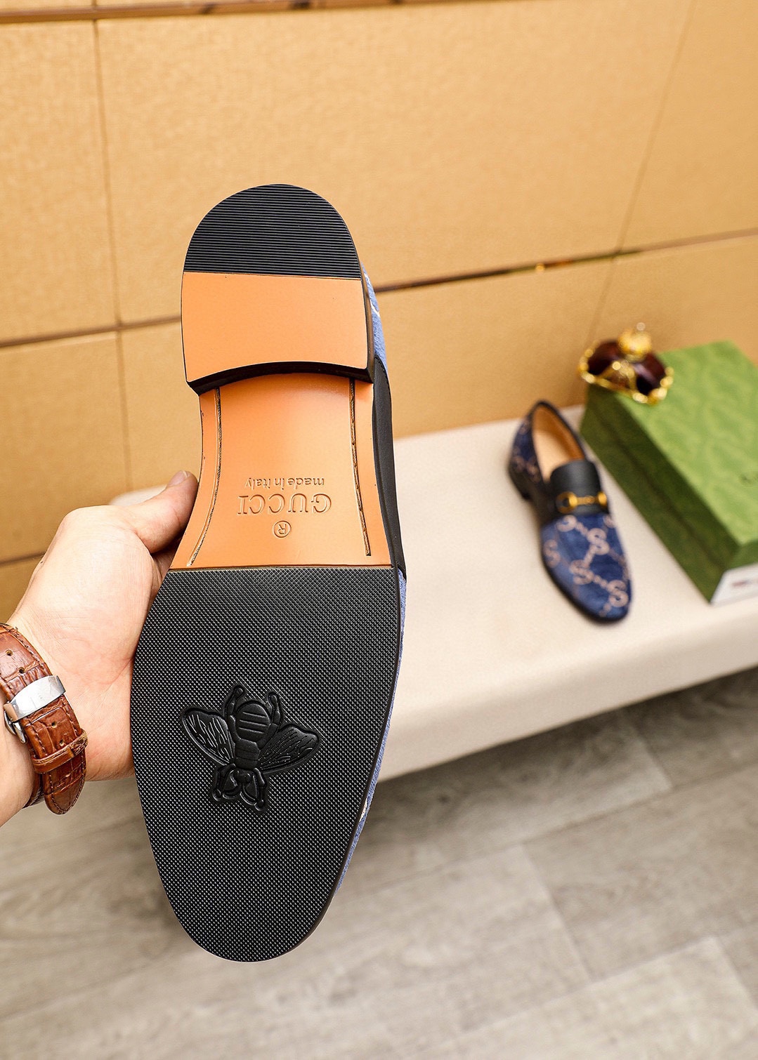 Gucci Men's Blue Leather Loafers with Signature GG Pattern and Gold Buckle 10 i1742796448 6904 8
