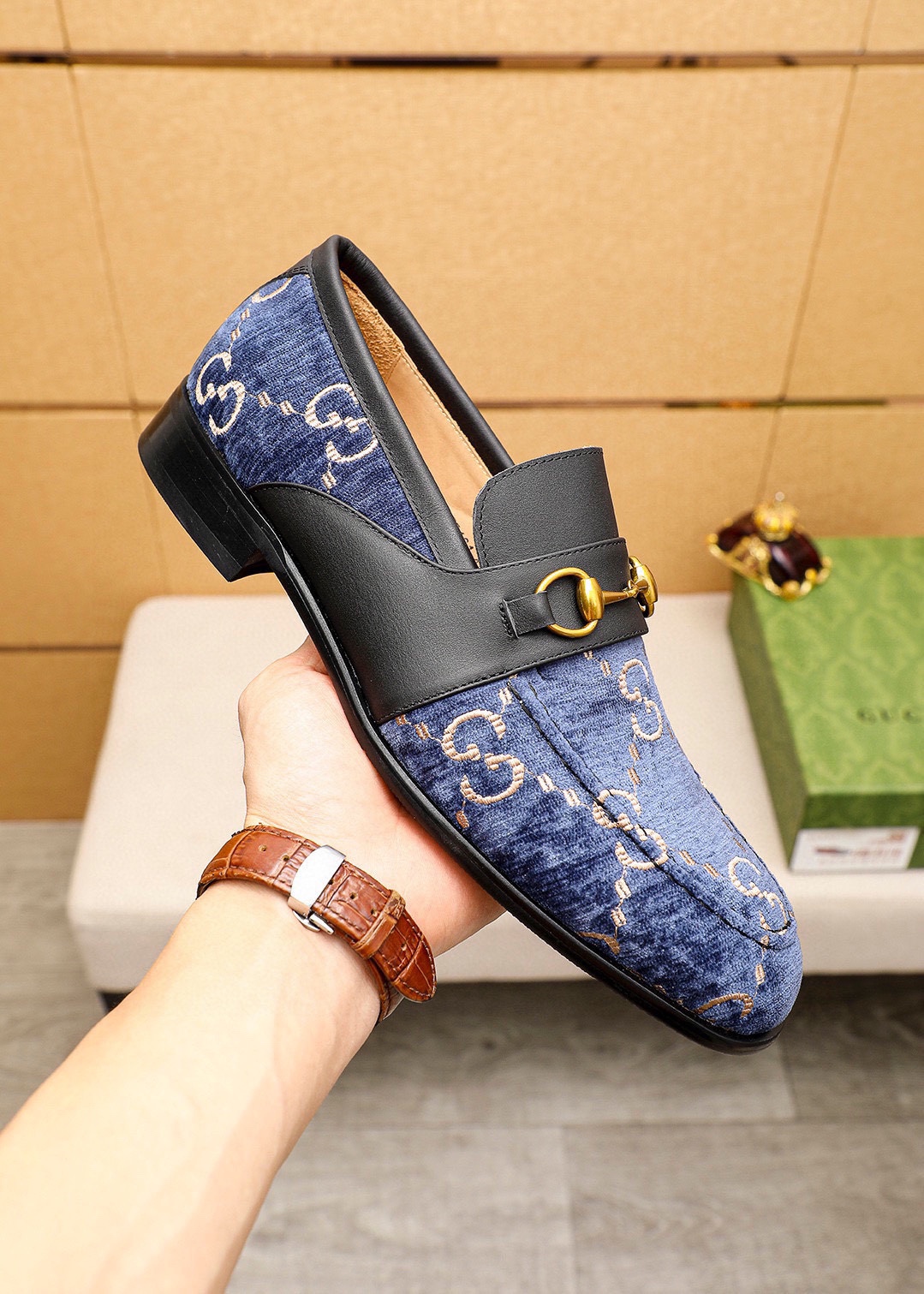 Gucci Men's Blue Leather Loafers with Signature GG Pattern and Gold Buckle 7 i1742796448 9432 5