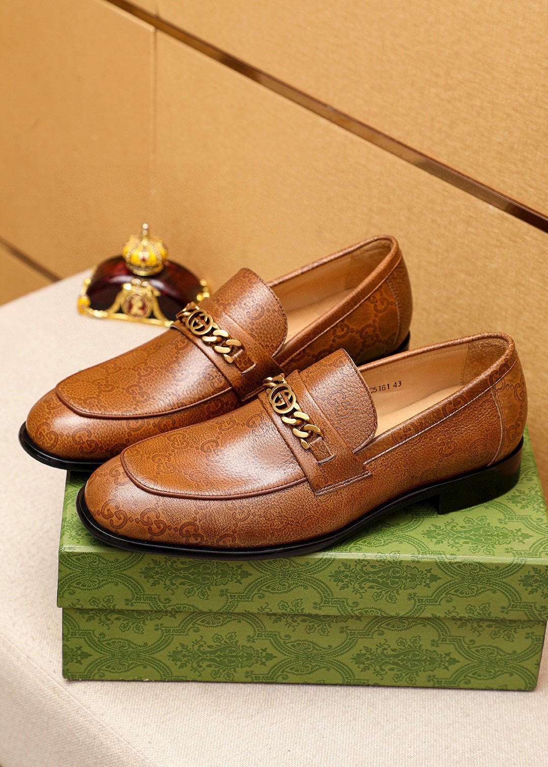 Gucci Men's Brown Leather Loafers with Gold-Tone Chain Detail - Sizes 38-44 3 i1742796696 1268 1