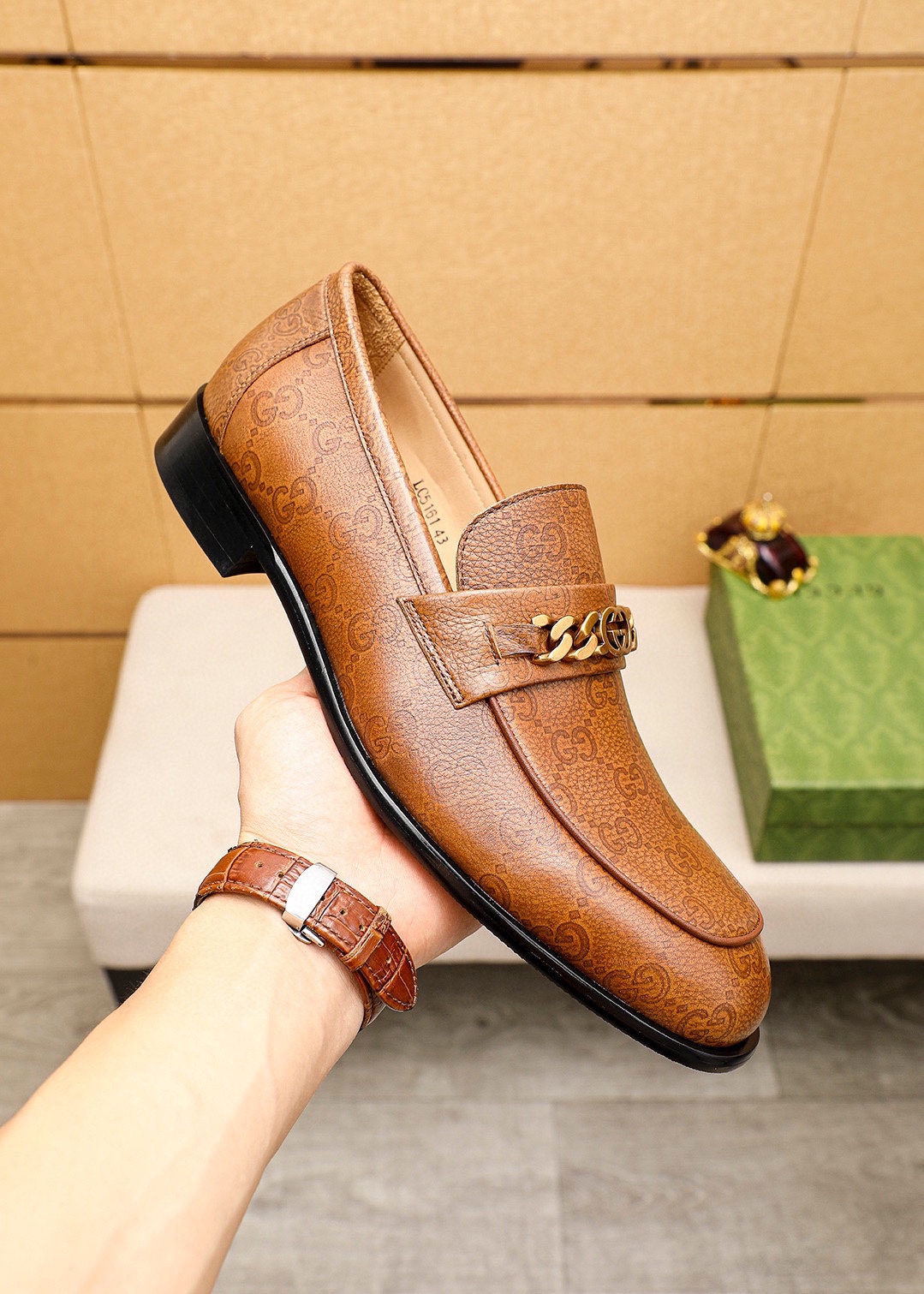 Gucci Men's Brown Leather Loafers with Gold-Tone Chain Detail - Sizes 38-44 6 i1742796696 9516 4