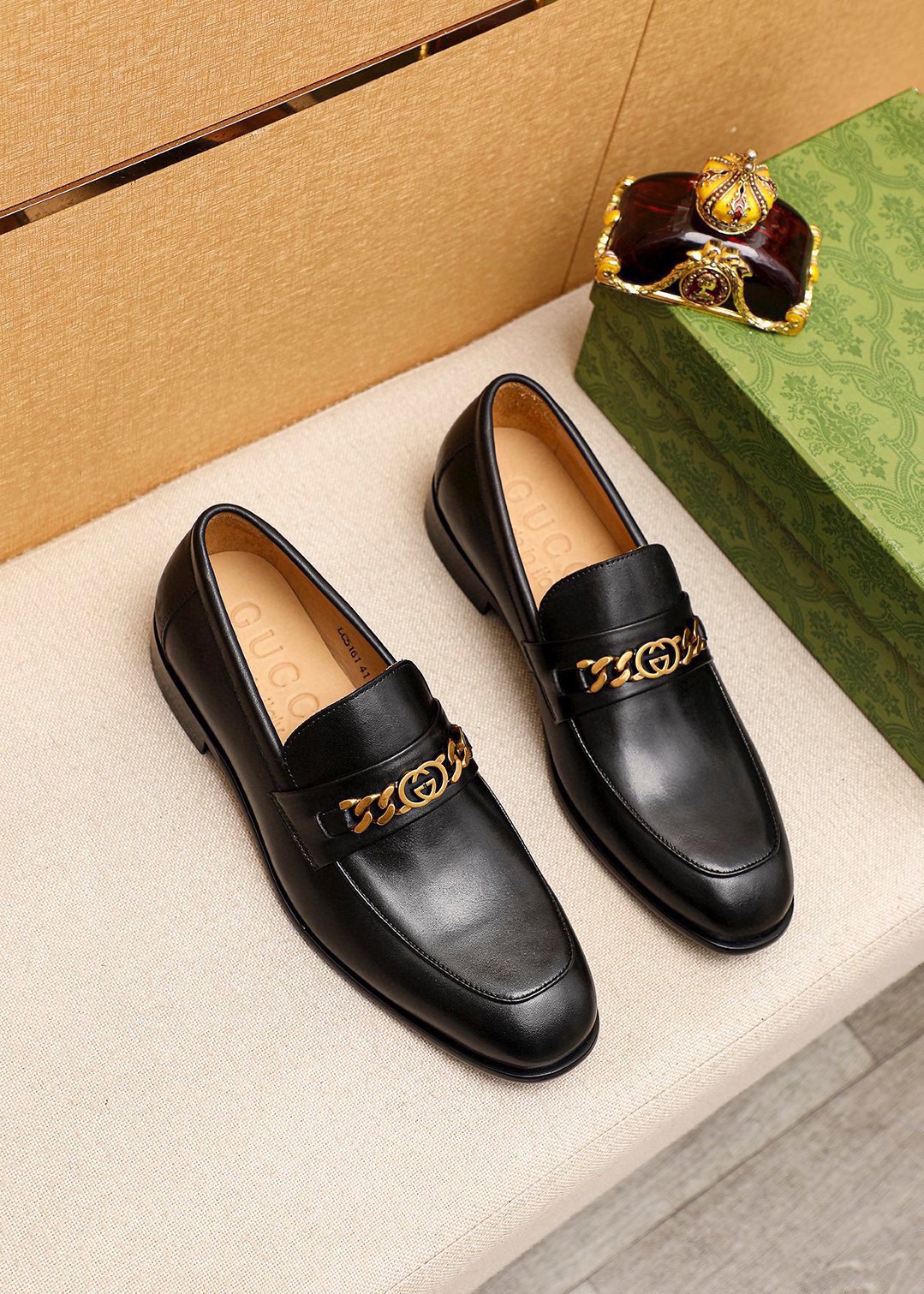 Gucci Leather Loafers with Gold Interlocking GG Chain - Sizes 38-44