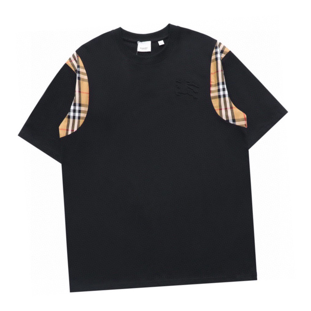 巴宝莉/Burberry 夏季新款 浮雕战马格纹拼接圆领短袖T恤