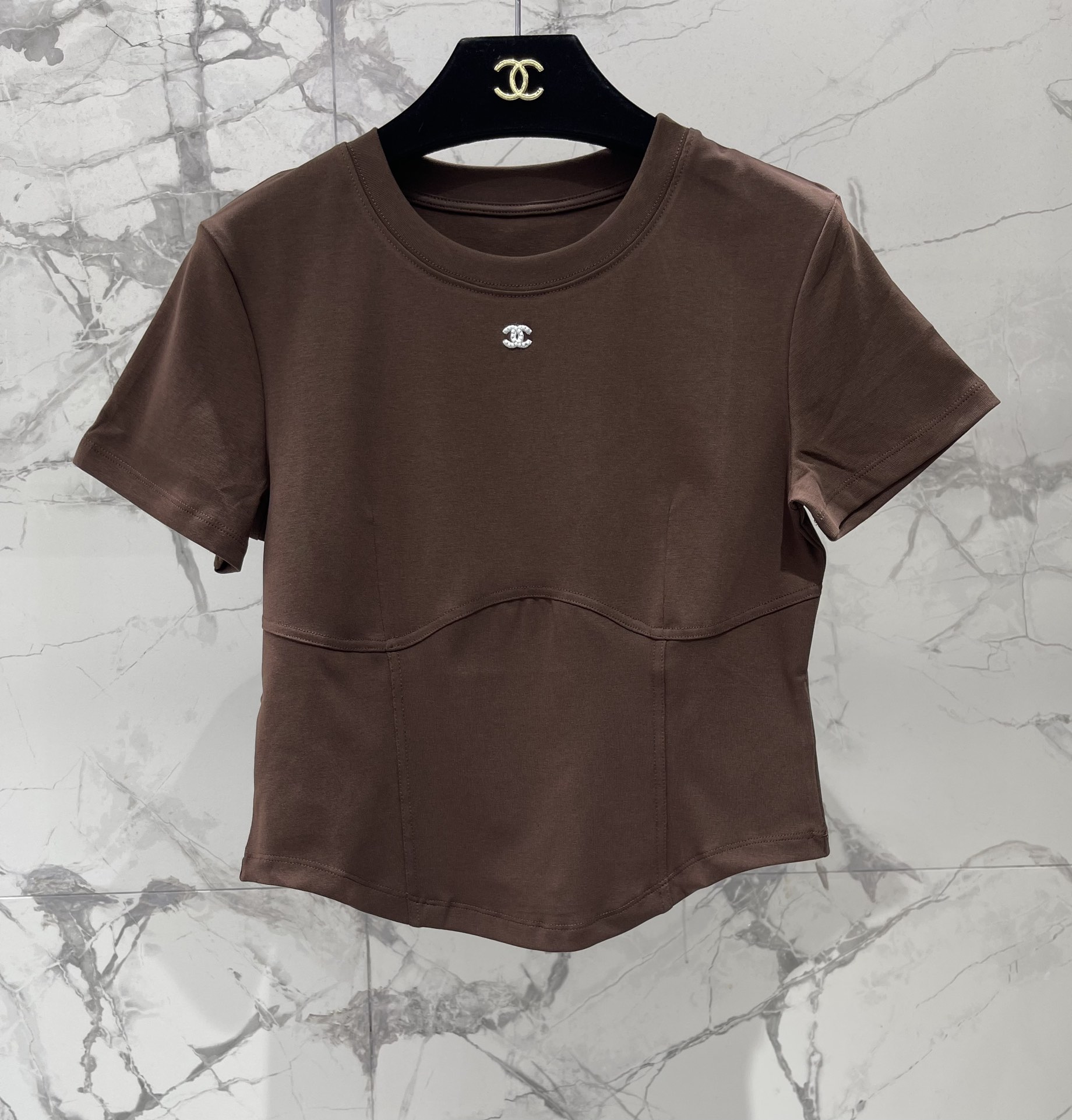 Chanel Inspired Brown Fitted Short Sleeve Top with Embroidered Logo Detail 3 i1743045161 1517 1