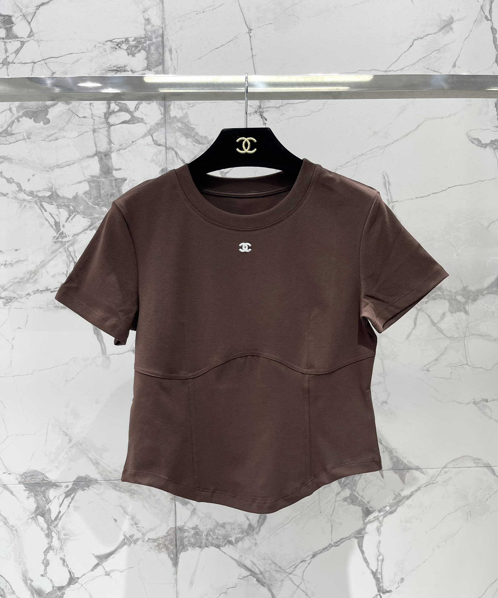 Chanel Inspired Brown Fitted Short Sleeve Top with Embroidered Logo Detail 2 i1743045161 2939 0