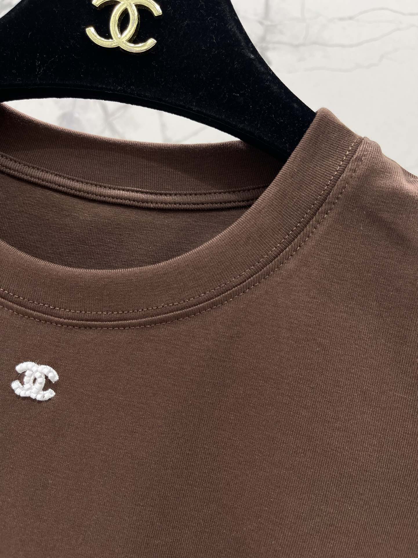 Chanel Inspired Brown Fitted Short Sleeve Top with Embroidered Logo Detail 5 i1743045161 510 3
