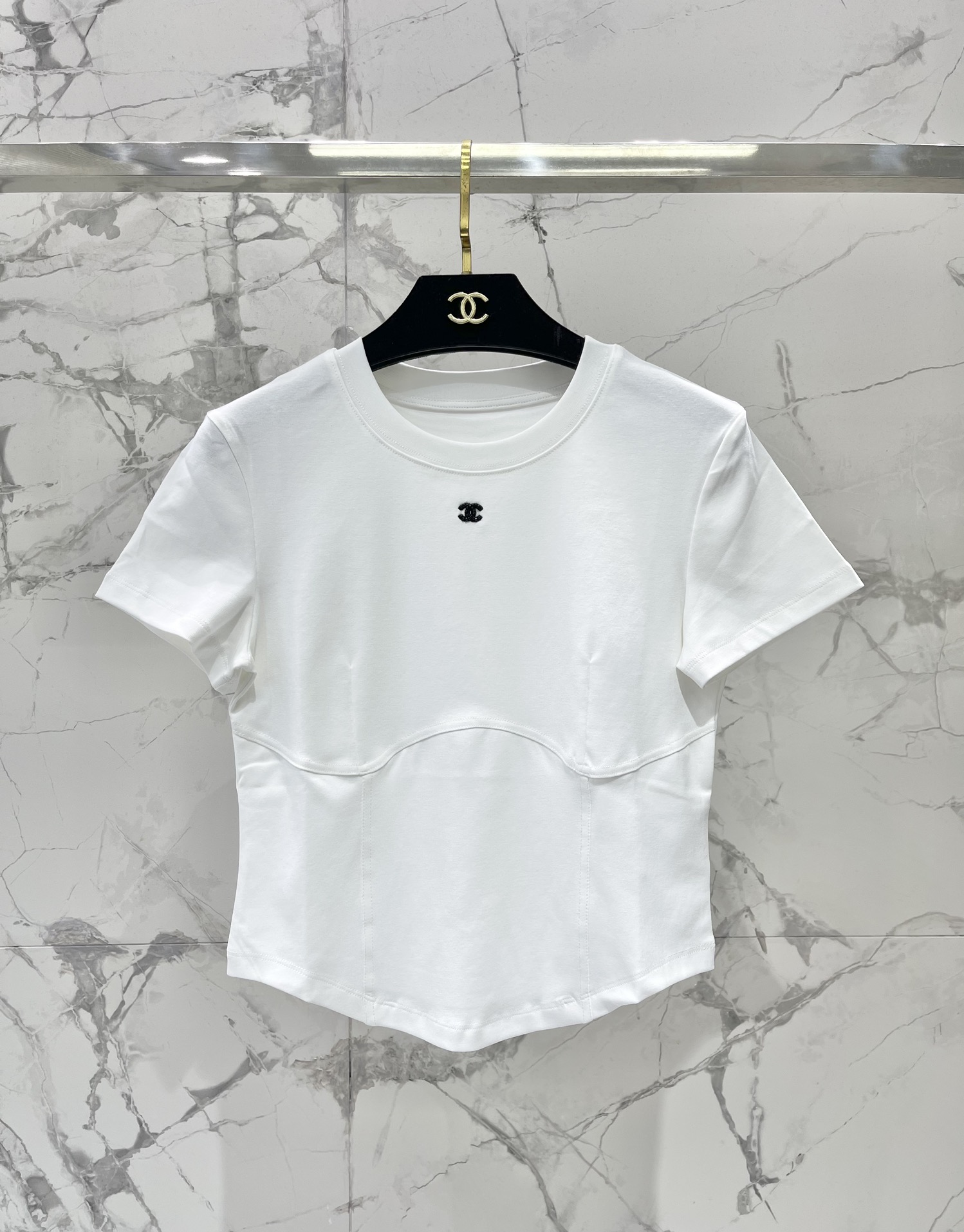 Chanel-Inspired White Corset T-Shirt with Embroidered Logo, Slim Fit 2 i1743045193 6957 0