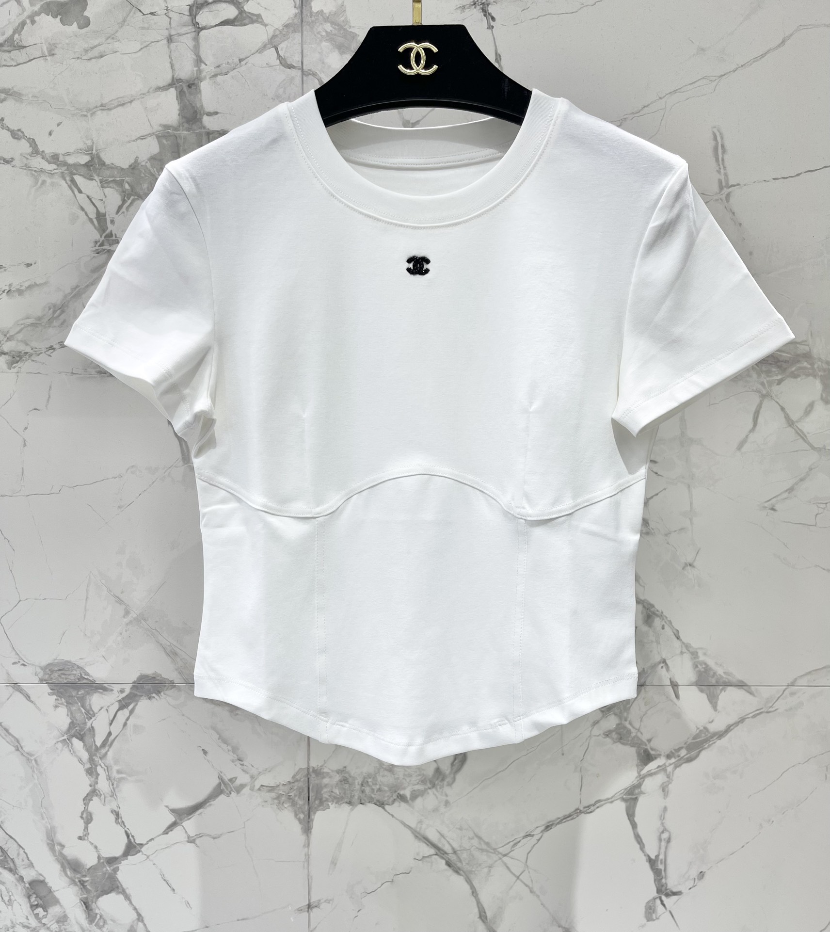 Chanel-Inspired White Corset T-Shirt with Embroidered Logo, Slim Fit 3 i1743045193 7940 1