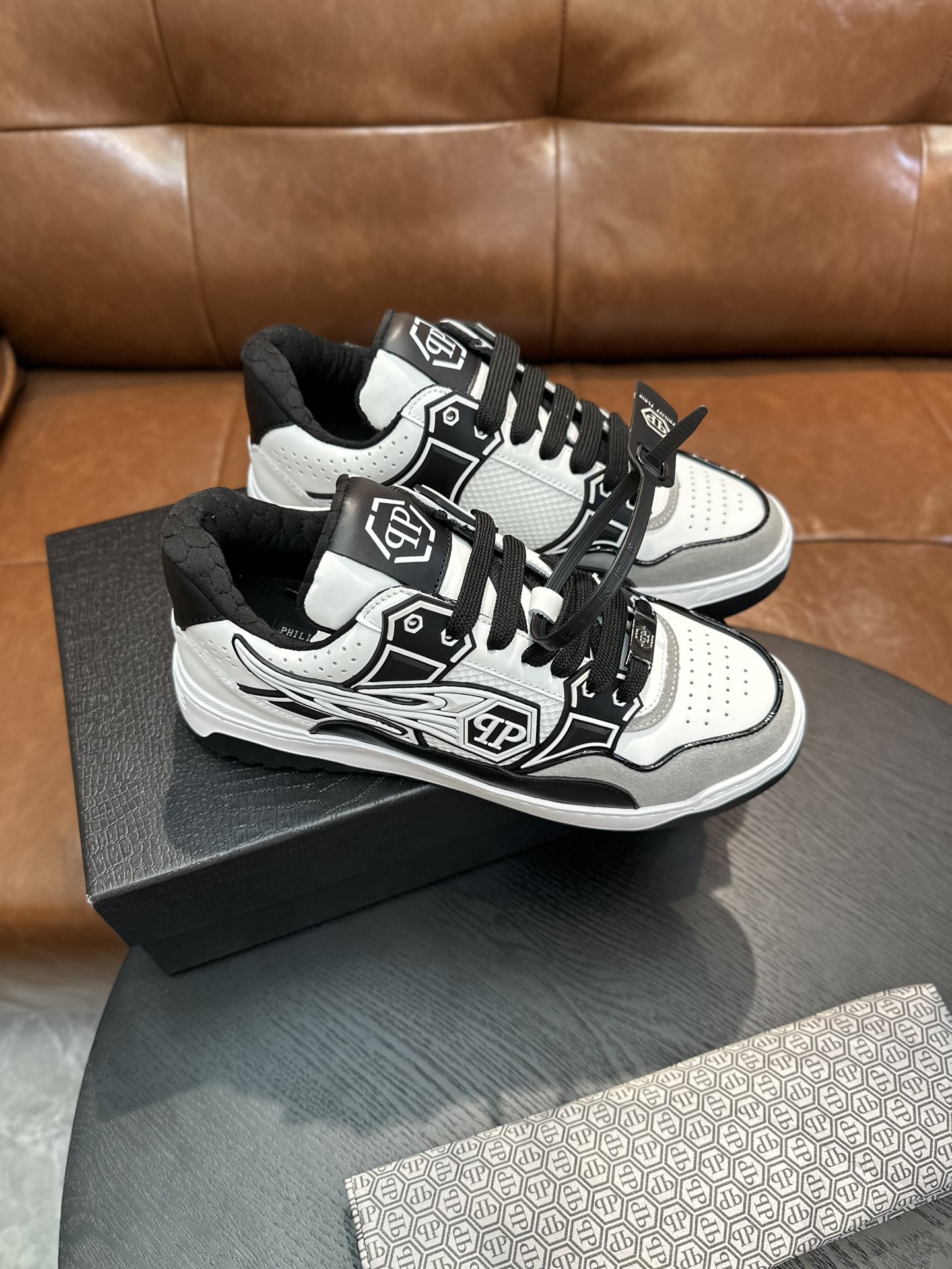Philipp Plein Men's White Leather & Snake Skin Trim Low-Top Sneakers 5 i1743153266 6081 3