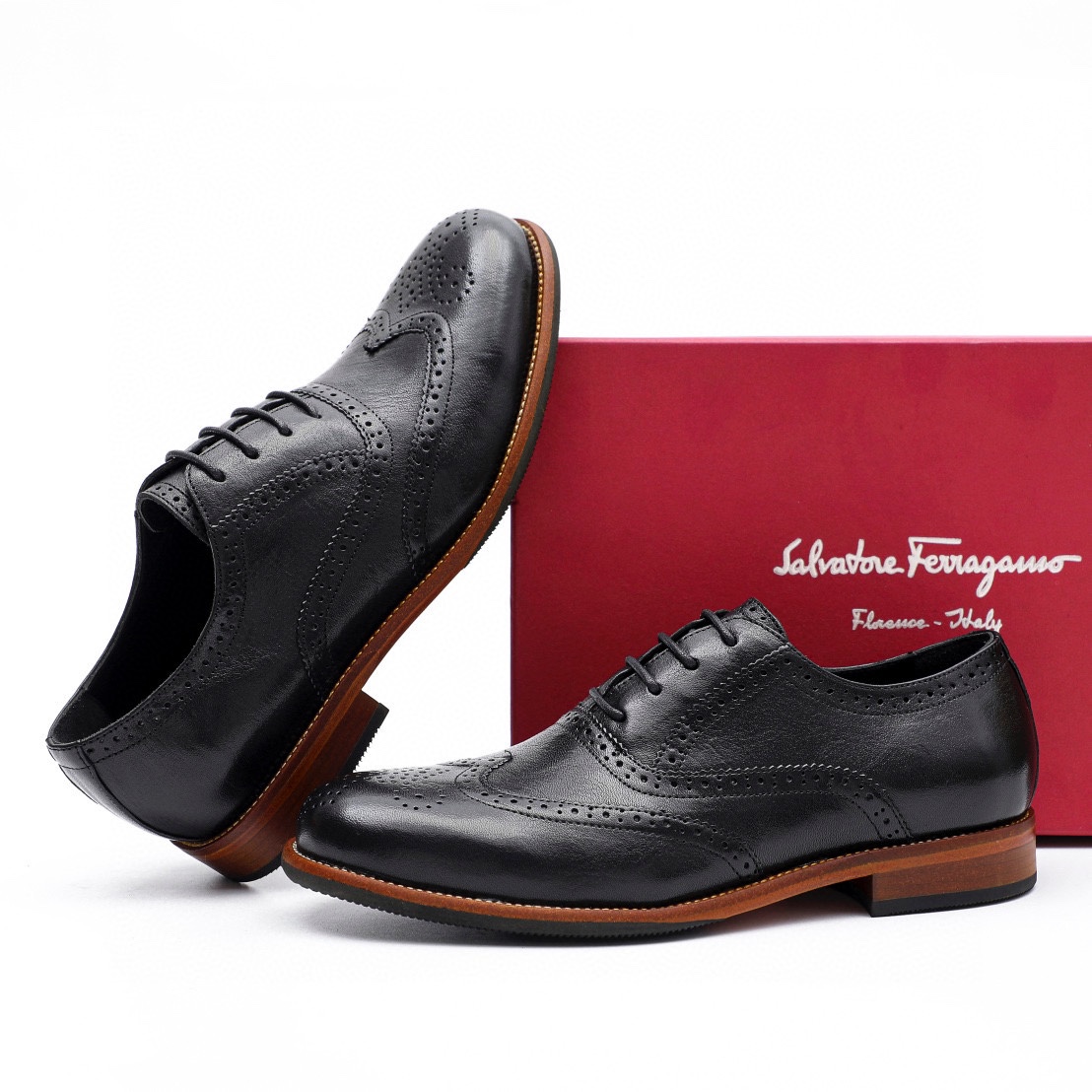 Ferragamo Men's Black Leather Wingtip Oxford Dress Shoes, Sizes 39-44 4 i1743226376 8325 2