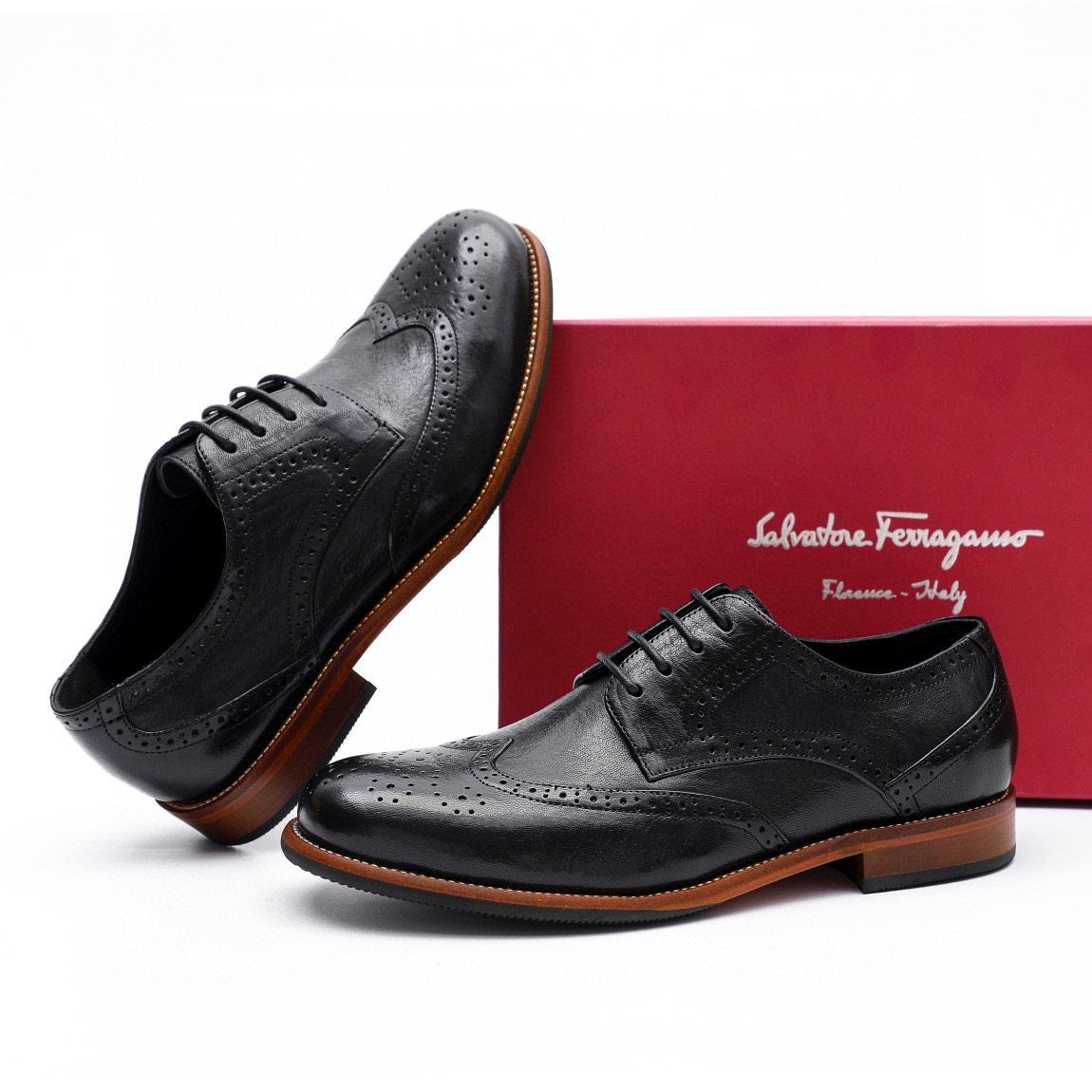 Salvatore Ferragamo Men's Black Leather Wingtip Oxford Dress Shoes, Size 39-44 4 i1743226468 1926 2