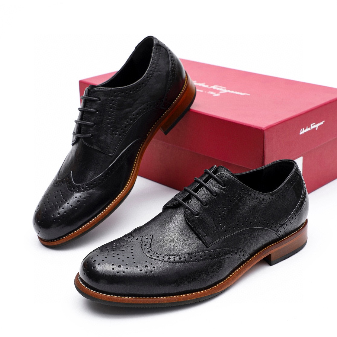 Salvatore Ferragamo Men's Black Leather Wingtip Oxford Dress Shoes, Size 39-44 2 i1743226468 452 0