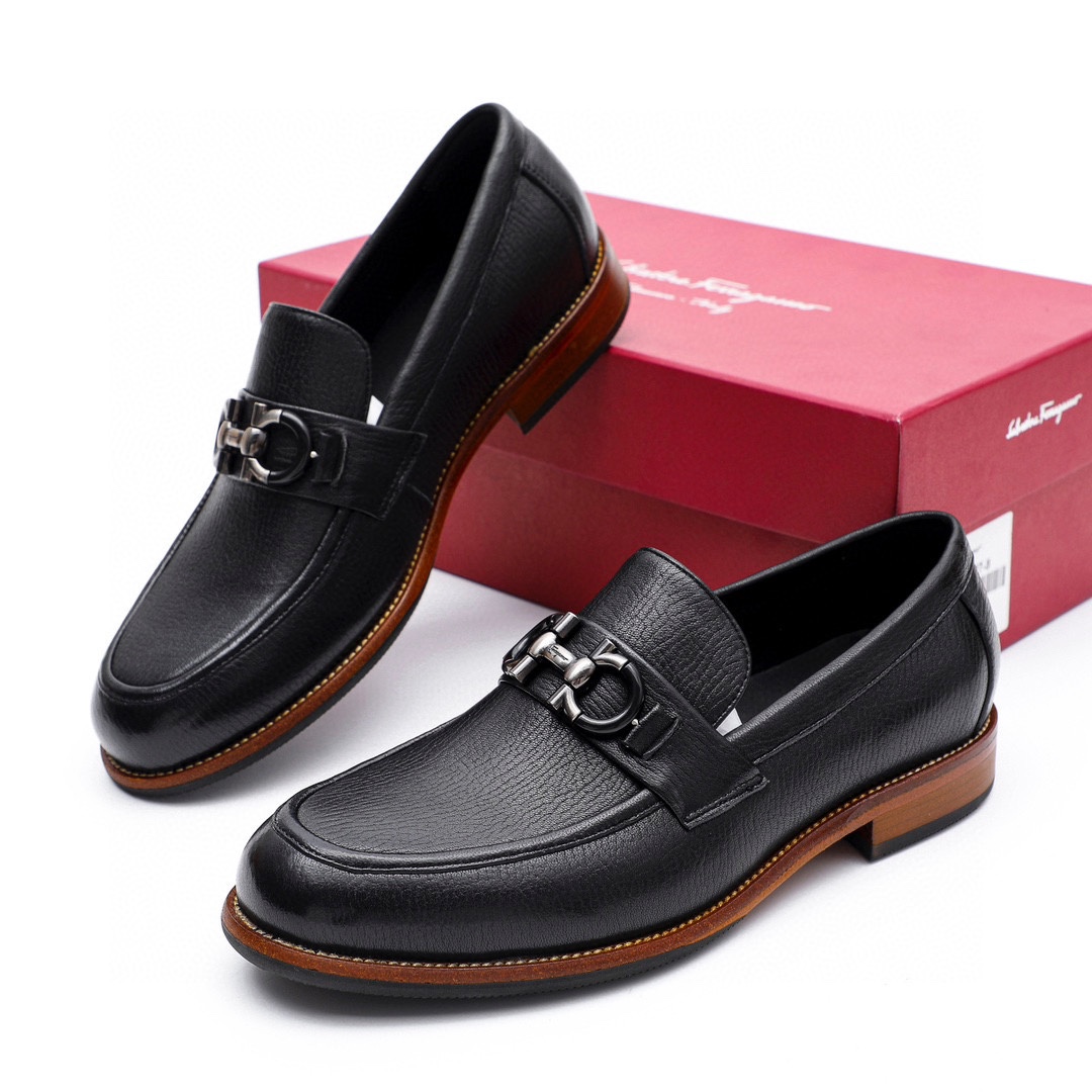 Ferragamo Men's Black Leather Loafers with Metal Buckle - Sizes 39-44 1 Ferragamo Men's Black Leather Loafers with Metal Buckle - Sizes 39-44