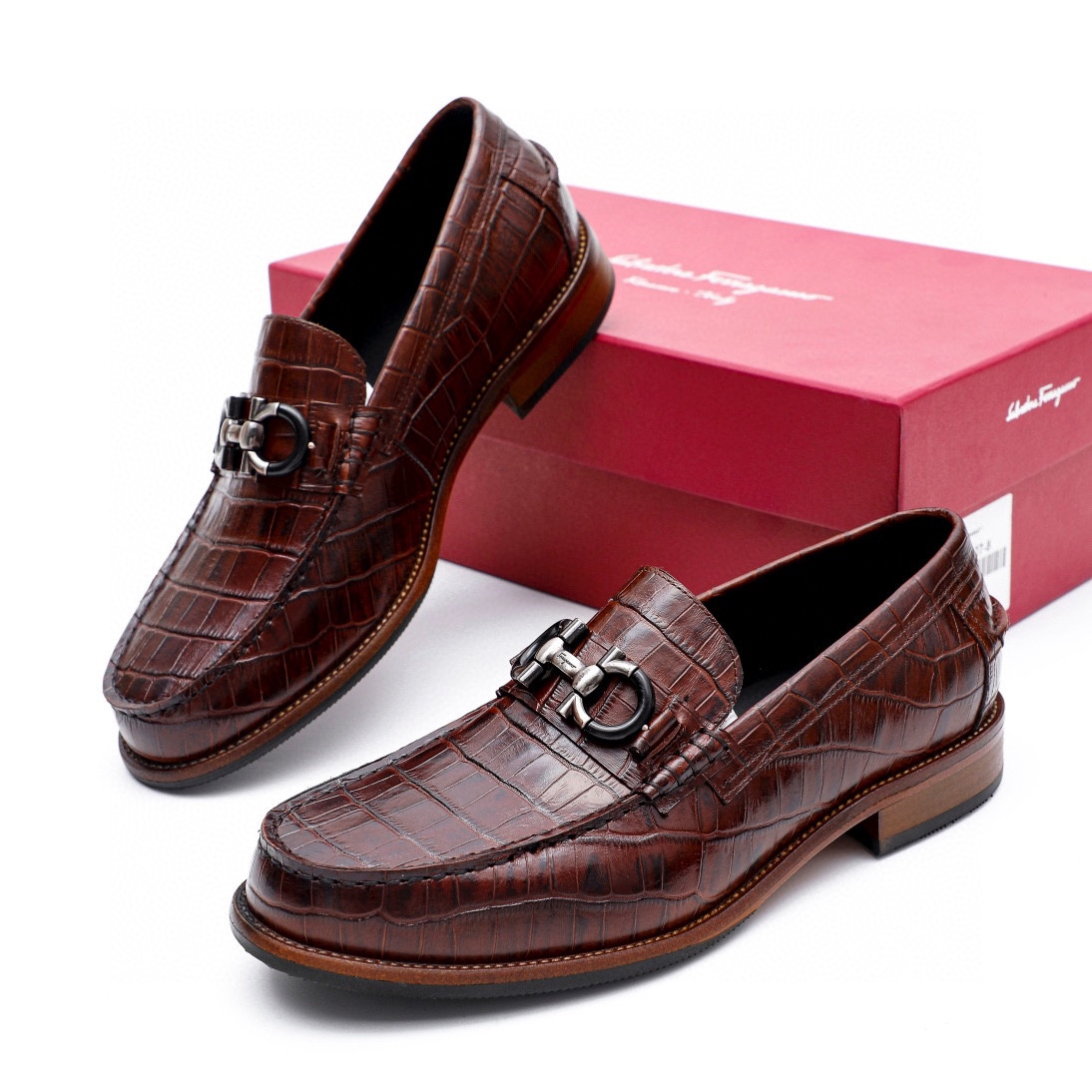 Ferragamo Men's Brown Alligator Leather Loafers with Metal Hardware 1 Ferragamo Men's Brown Alligator Leather Loafers with Metal Hardware