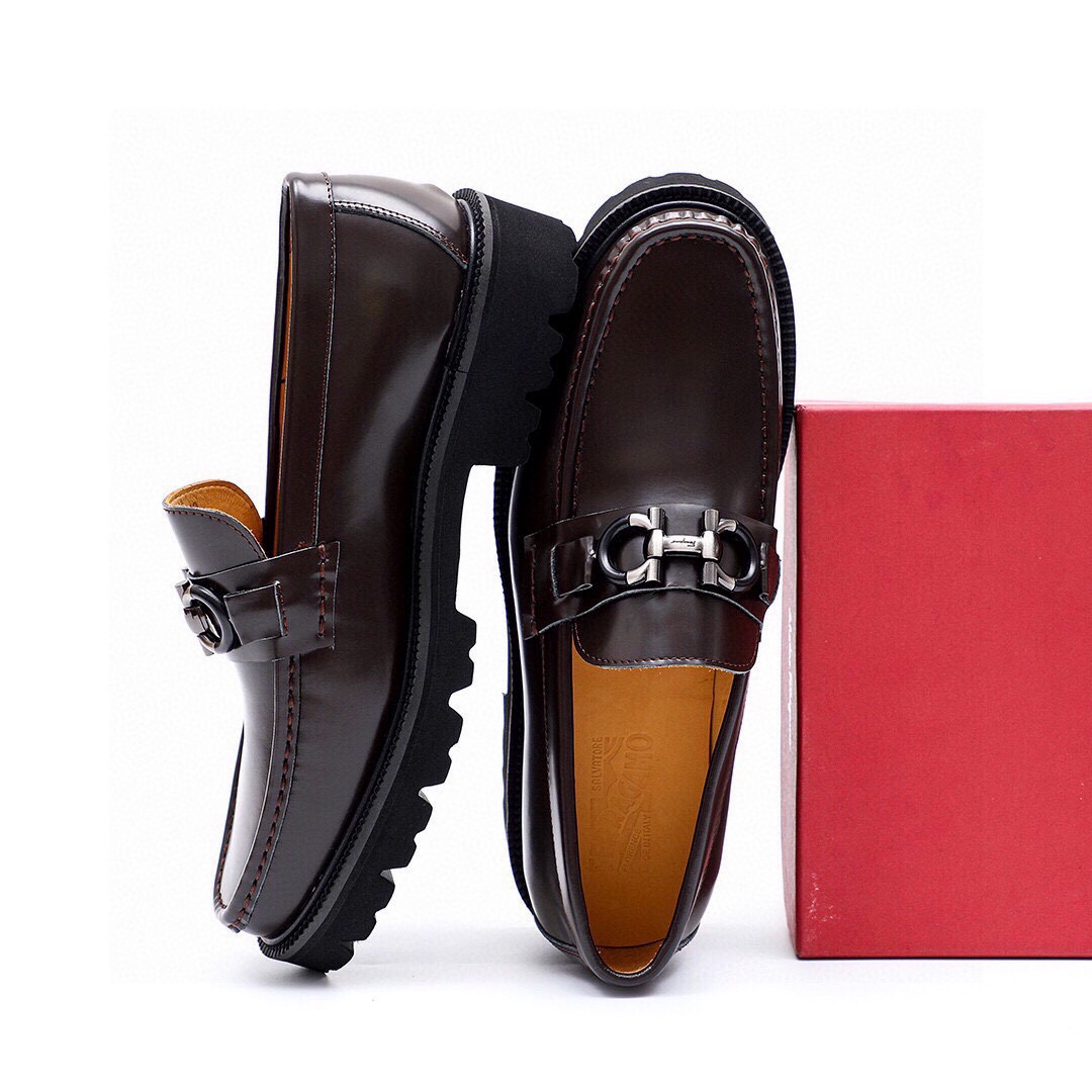 Ferragamo Men's Brown Leather Loafers with Metal Hardware and Lug Sole 8 i1743227001 5100 6