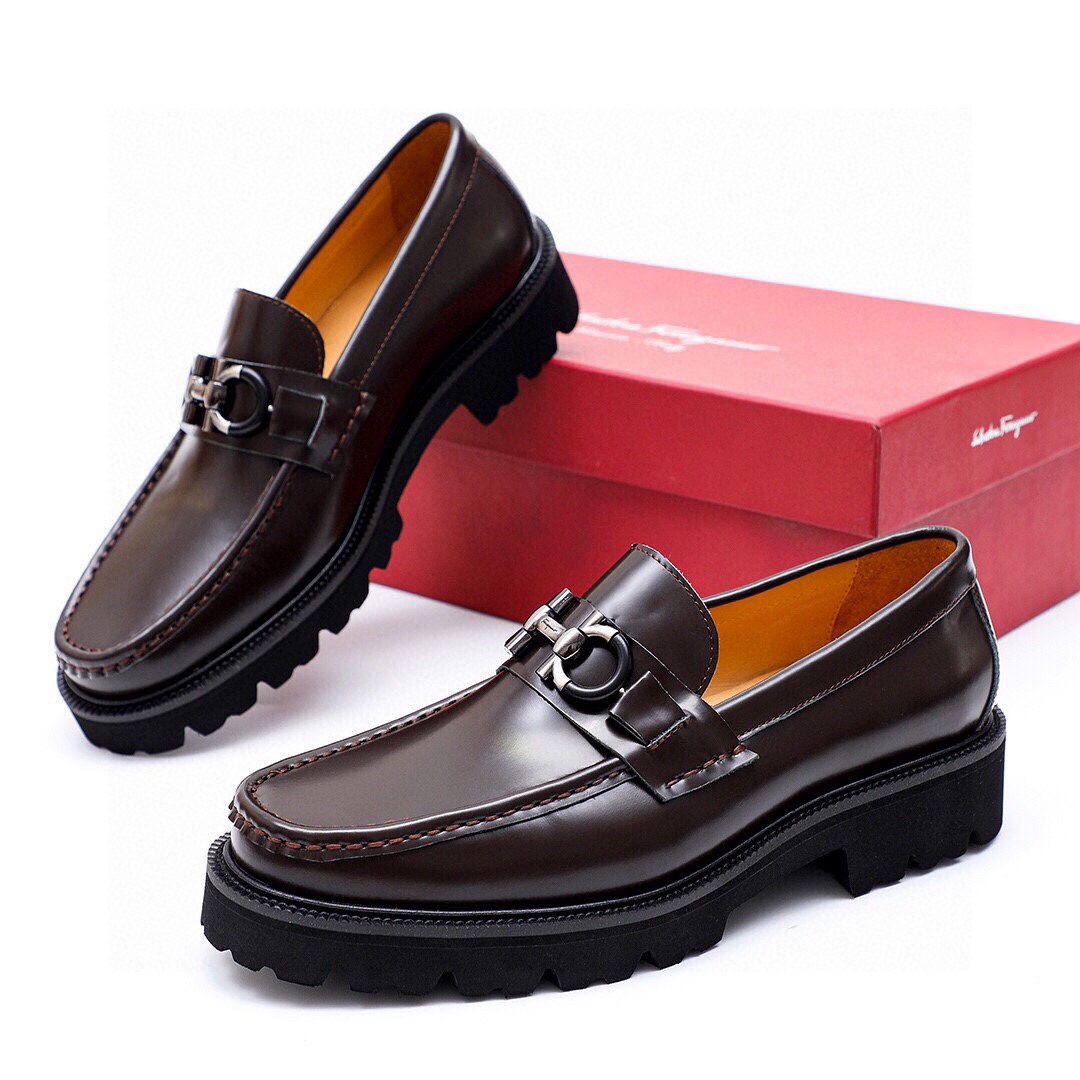 Ferragamo Men's Brown Leather Loafers with Metal Hardware and Lug Sole 1 Ferragamo Men's Brown Leather Loafers with Metal Hardware and Lug Sole