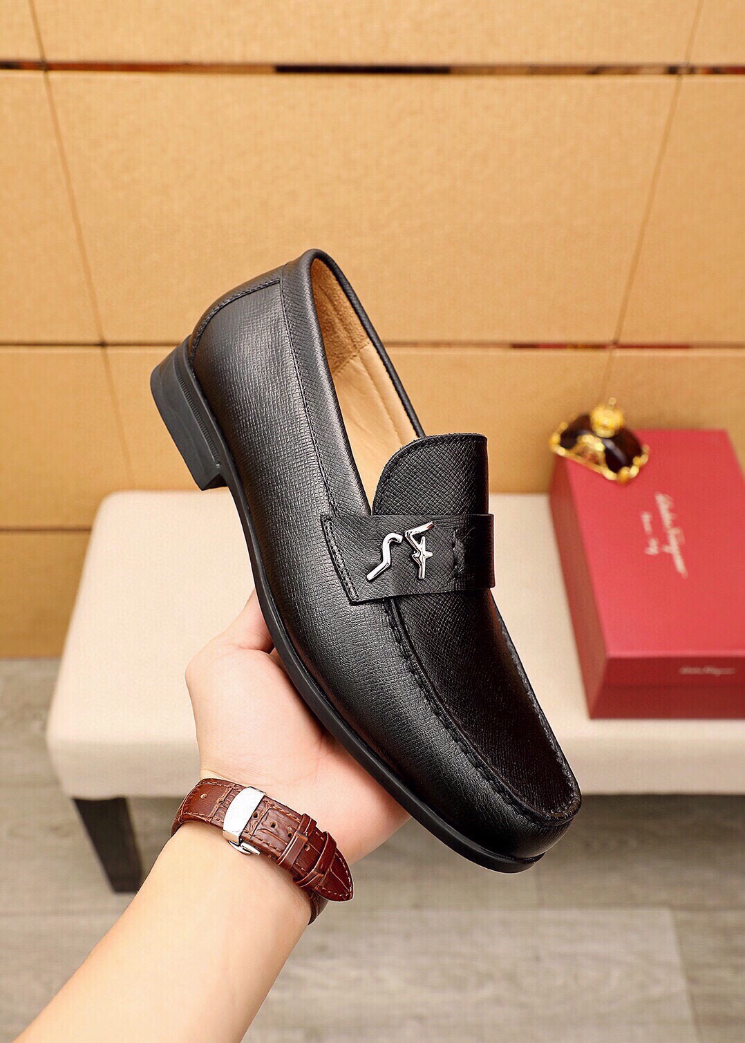 Ferragamo Men's Leather Loafers Classic Buckle Dress Shoes, Black, Sizes 38-44 5 i1743391533 8008 3