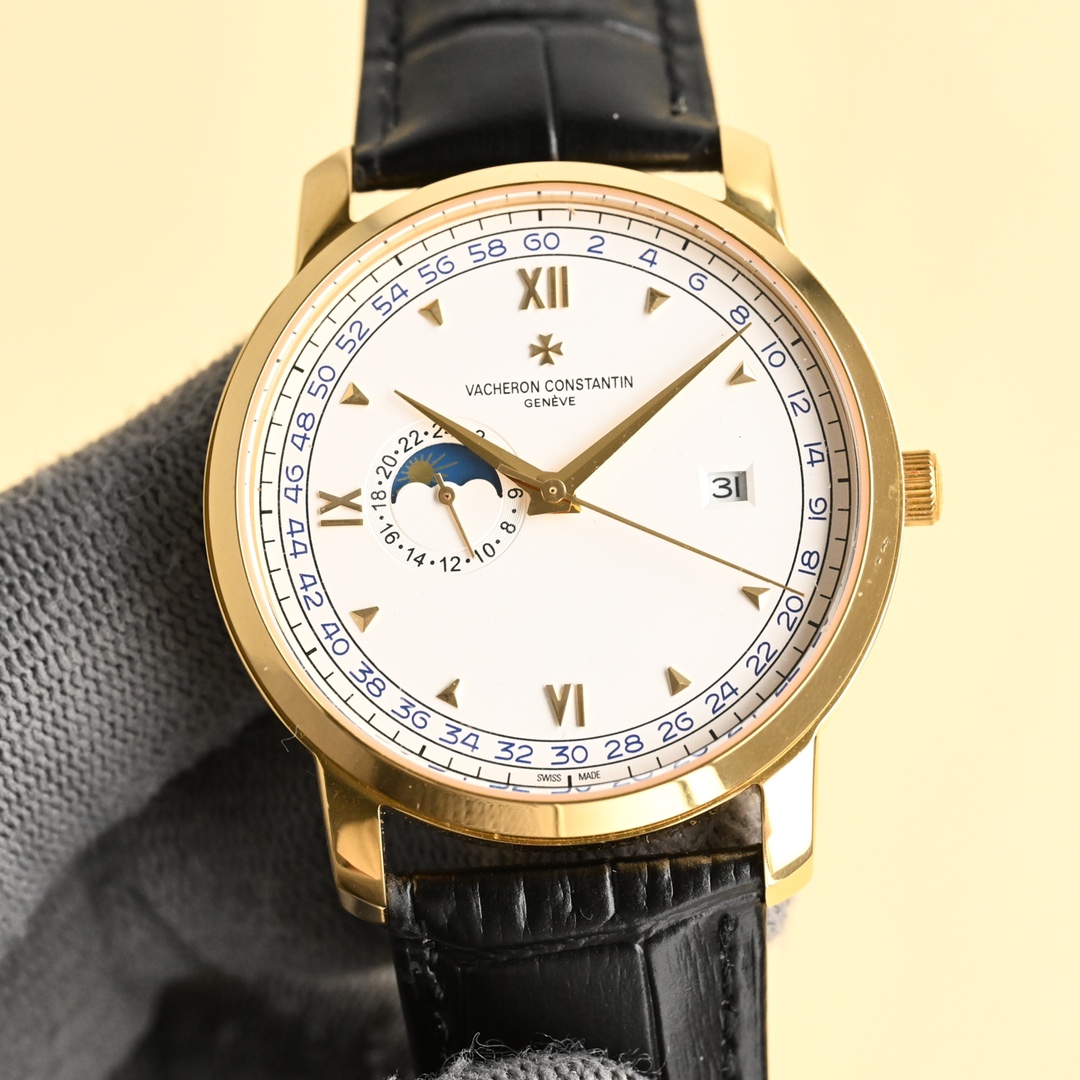 Vacheron Constantin Gold Men's Watch with Moon Phase and Leather Strap