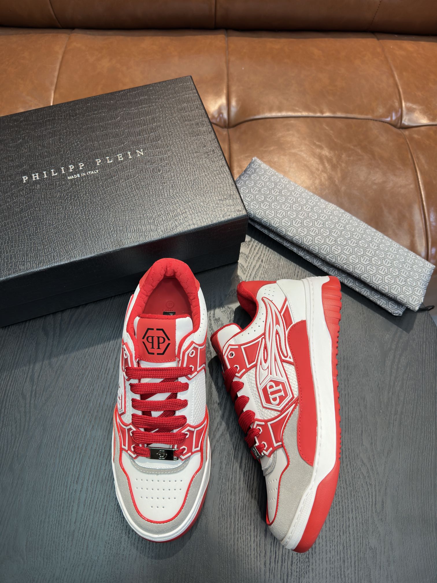 Philipp Plein Men's White & Red Leather Sneakers, Punk Style, Sizes 38-45 3 i1743499563 2246 1