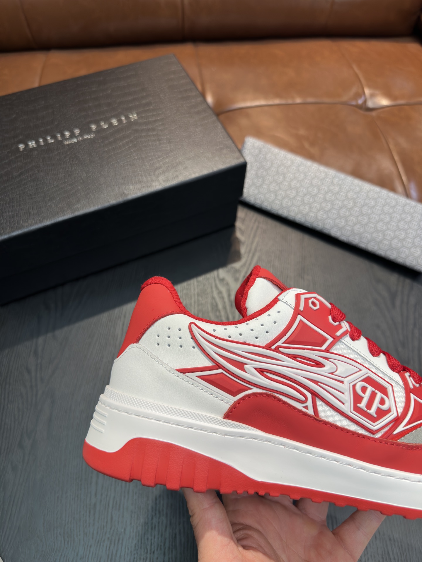 Philipp Plein Men's White & Red Leather Sneakers, Punk Style, Sizes 38-45 10 i1743499563 3009 8