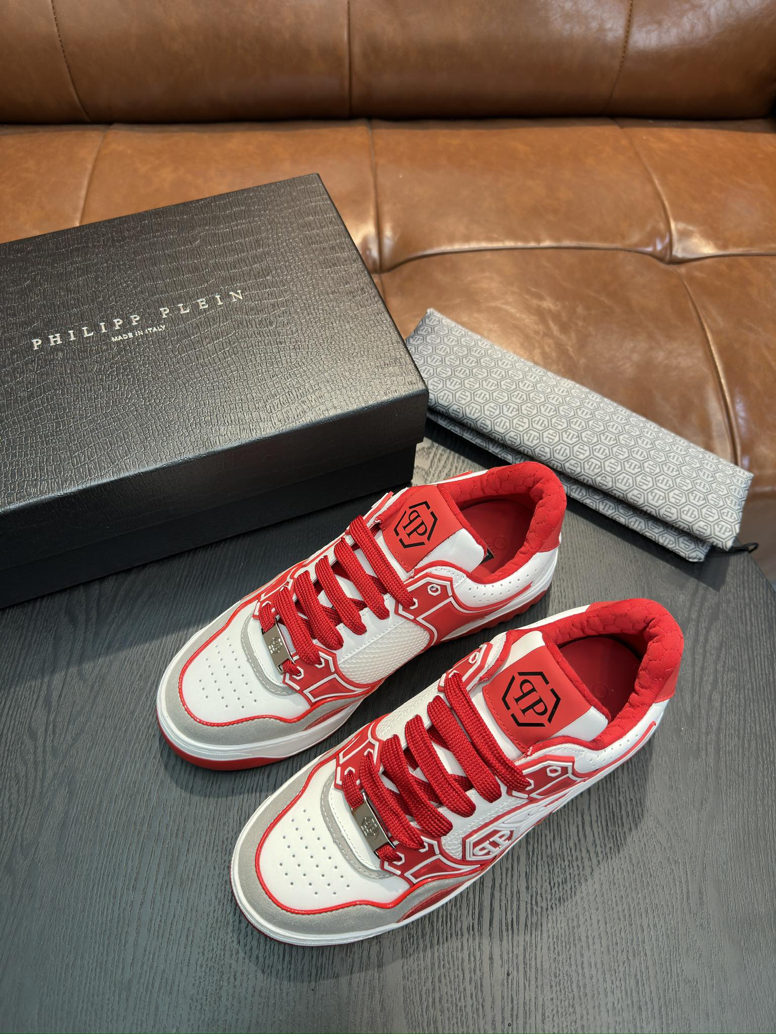 Philipp Plein Men's White & Red Leather Sneakers, Punk Style, Sizes 38-45 4 i1743499563 9001 2