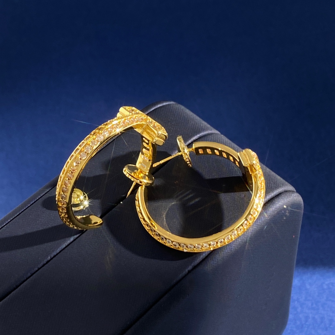Tiffany & Co. TFN蒂芙妮Tiffany欧美 轻奢方锆石镶钻T字C型耳环耳钉 黄铜材料 黄金色