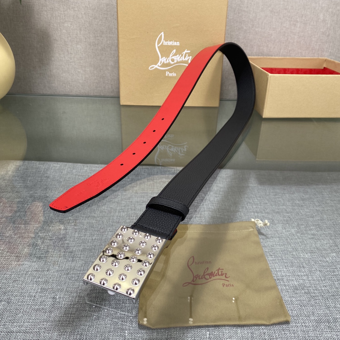 3.5宽Christian Louboutin 男士Ricky标志性徽标搭扣黑色腰带红色底