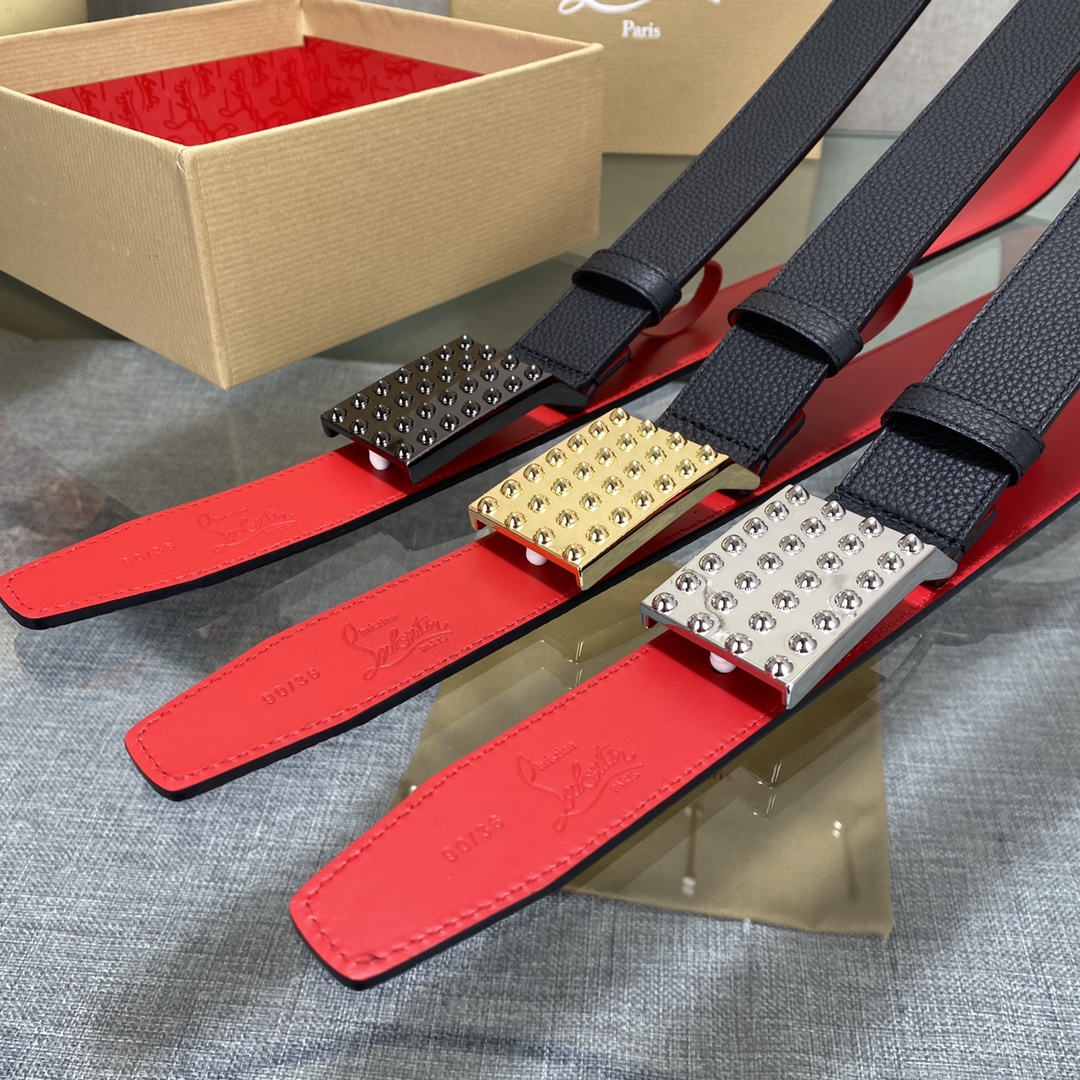 3.5宽Christian Louboutin 男士Ricky标志性徽标搭扣黑色腰带红色底