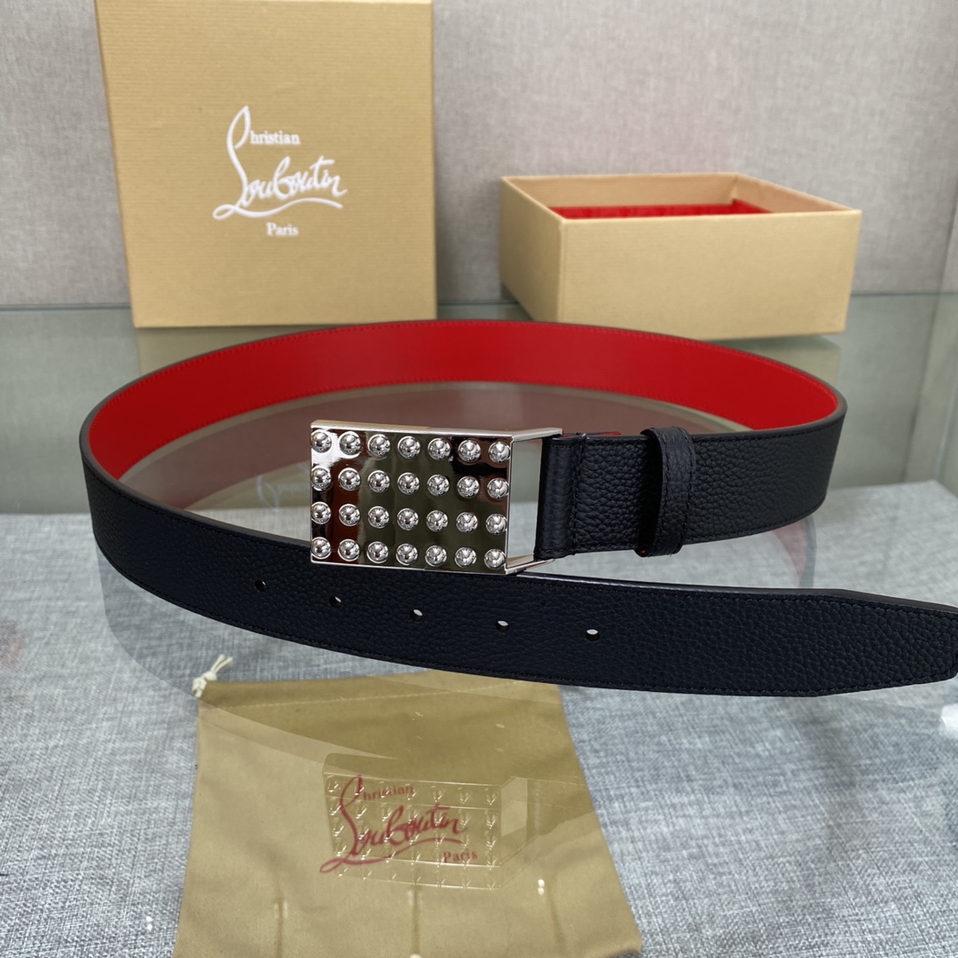 3.5宽Christian Louboutin 男士Ricky标志性徽标搭扣黑色腰带红色底