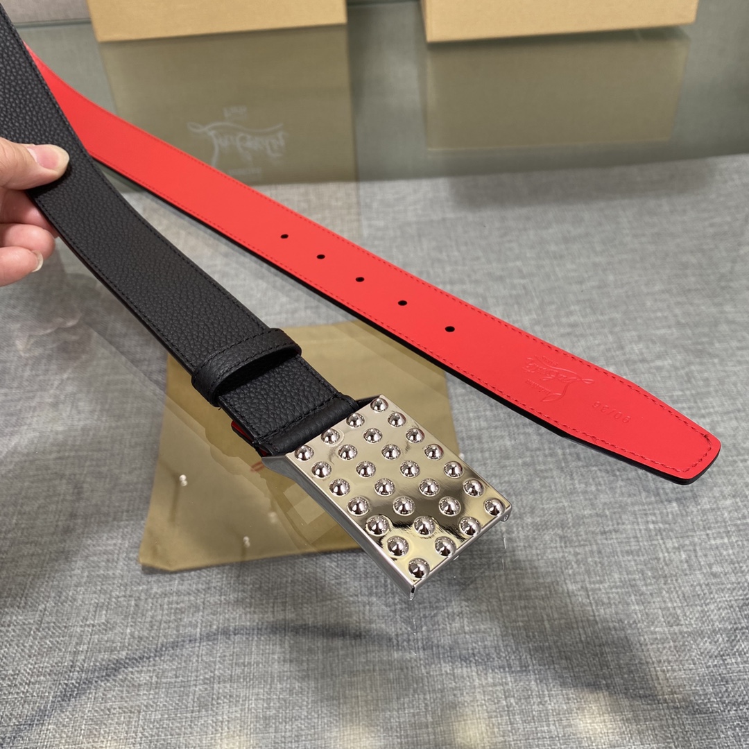 3.5宽Christian Louboutin 男士Ricky标志性徽标搭扣黑色腰带红色底