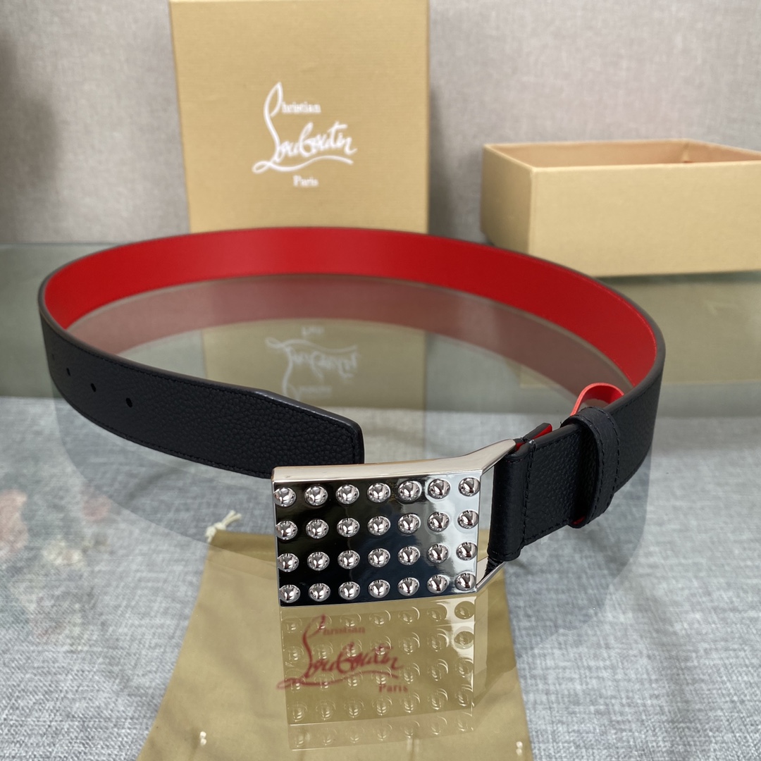 3.5宽Christian Louboutin 男士Ricky标志性徽标搭扣黑色腰带红色底