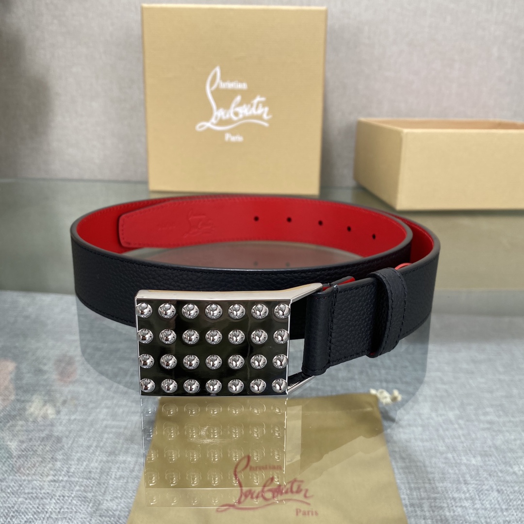 3.5宽Christian Louboutin 男士Ricky标志性徽标搭扣黑色腰带红色底
