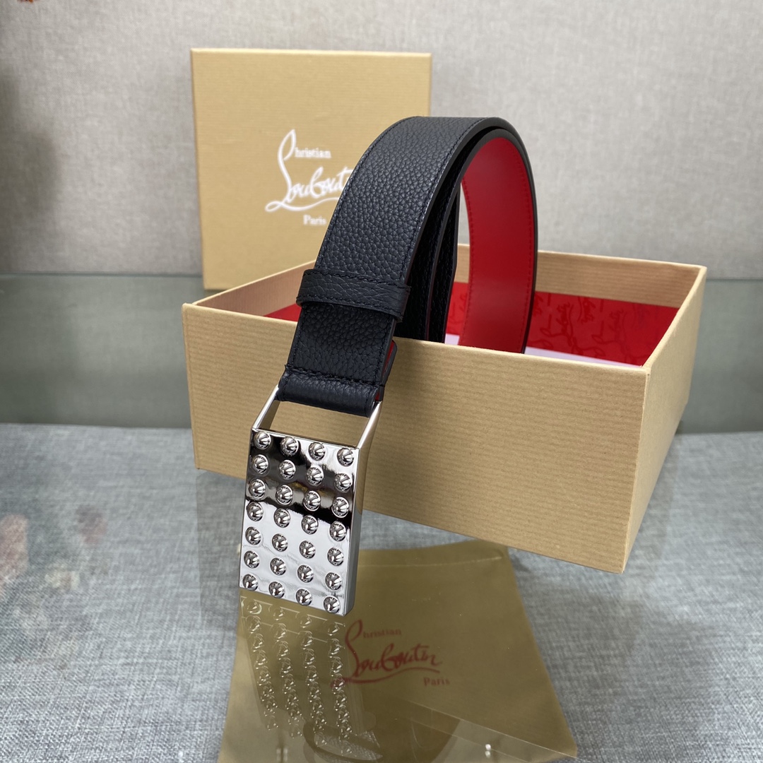 3.5宽Christian Louboutin 男士Ricky标志性徽标搭扣黑色腰带红色底