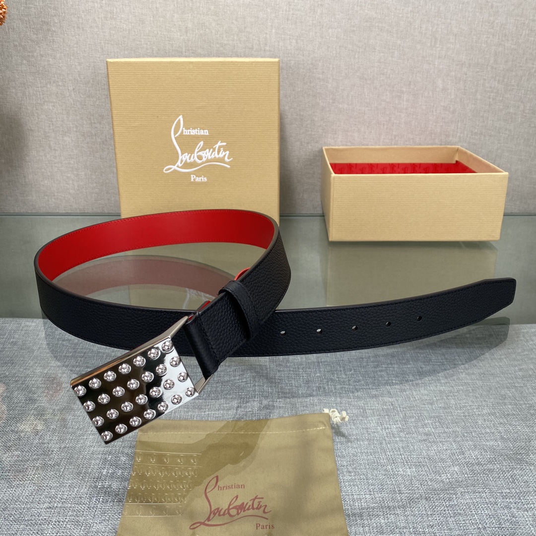 3.5宽Christian Louboutin 男士Ricky标志性徽标搭扣黑色腰带红色底